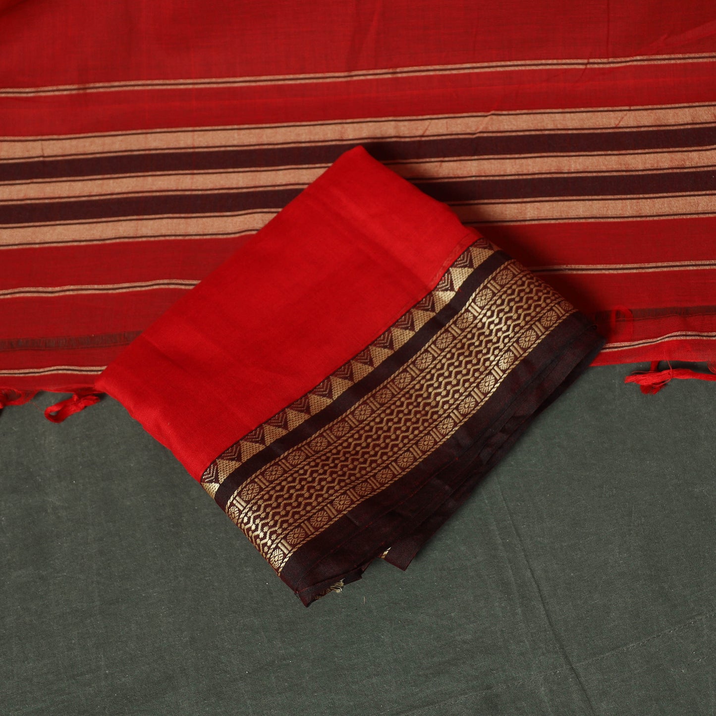 Red - Dharwad Woven Mercerised Cotton 3pc Unstitched Dress Material Suit Set 61