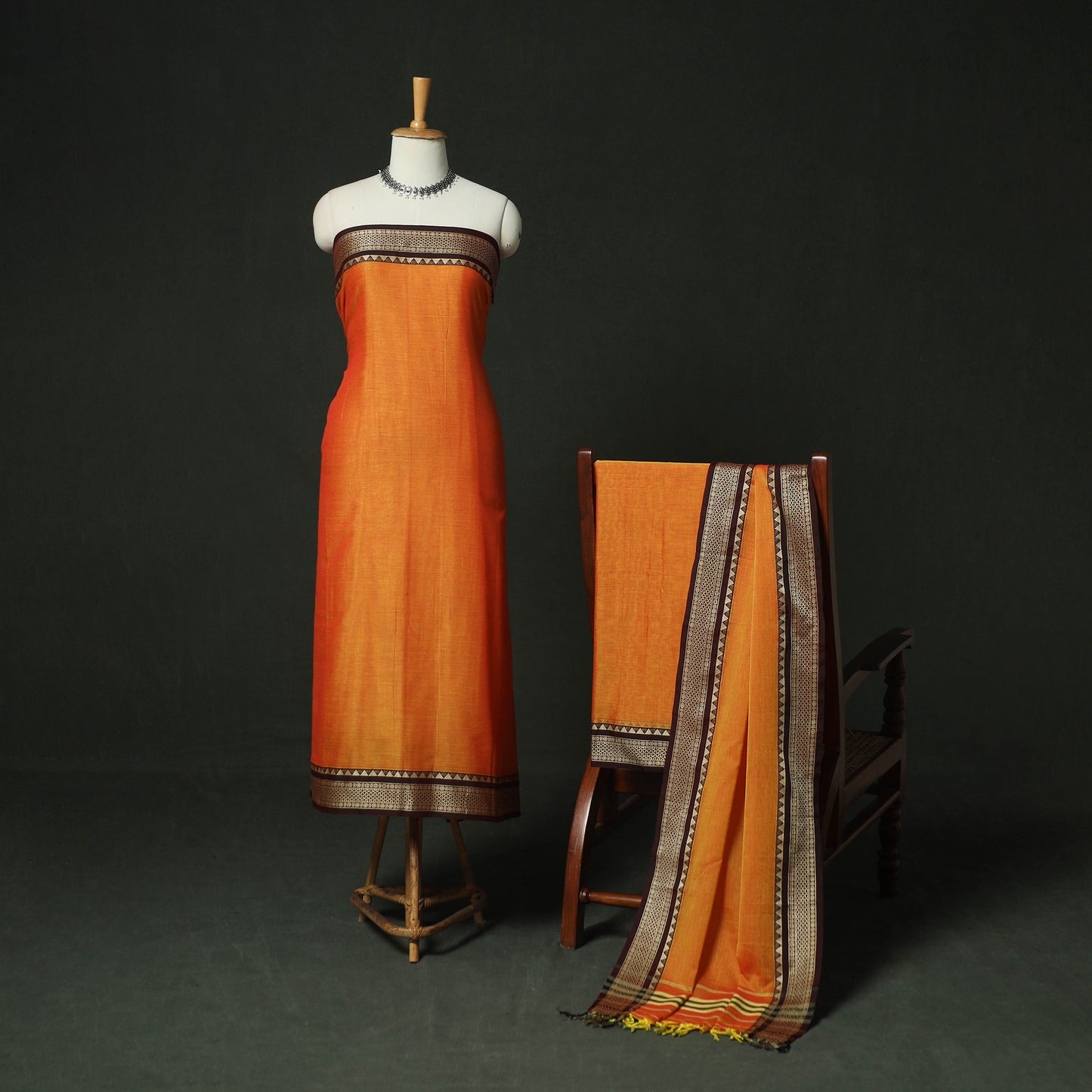 Orange - Dharwad Woven Mercerised Cotton 3pc Unstitched Dress Material Suit Set 63