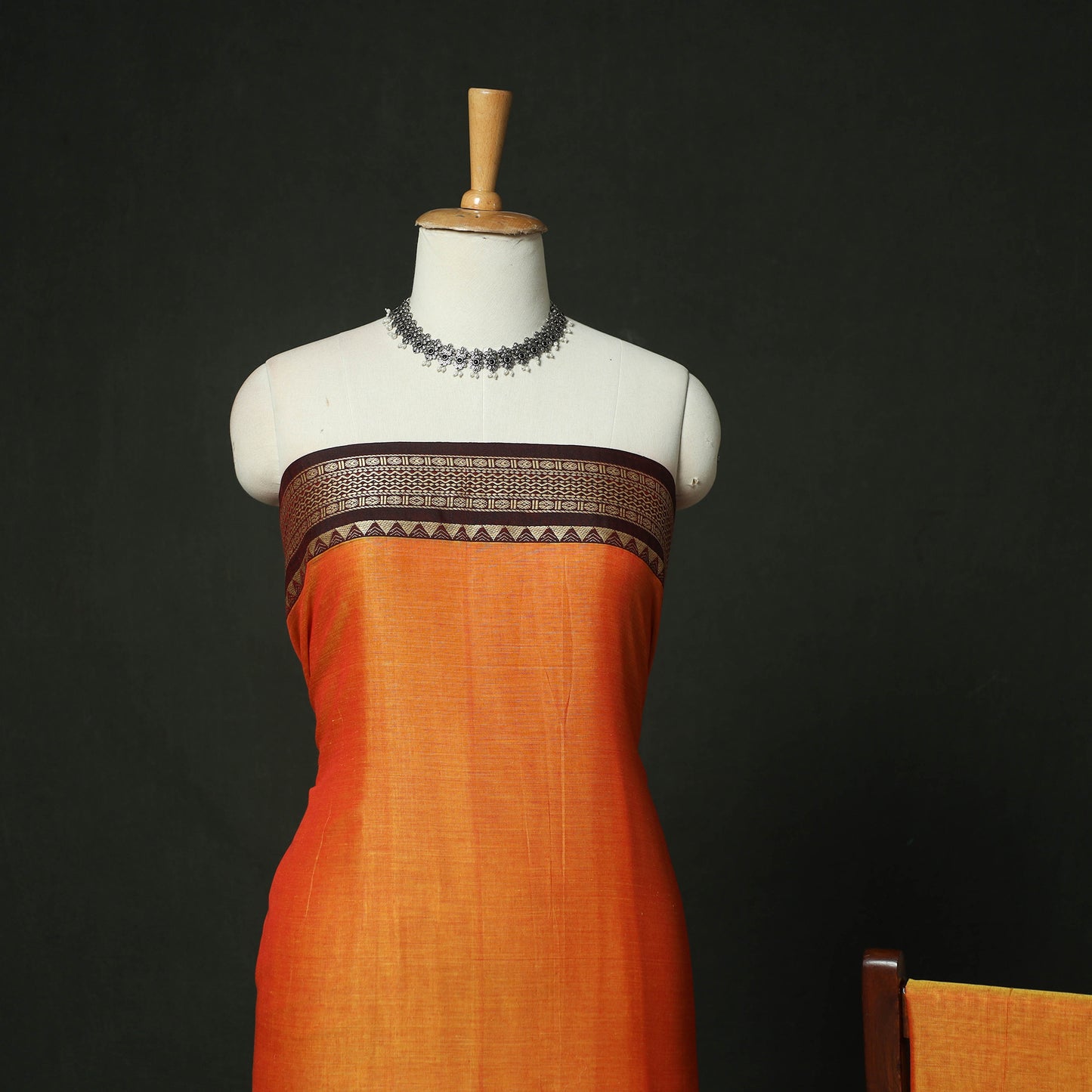 Orange - Dharwad Woven Mercerised Cotton 3pc Unstitched Dress Material Suit Set 63