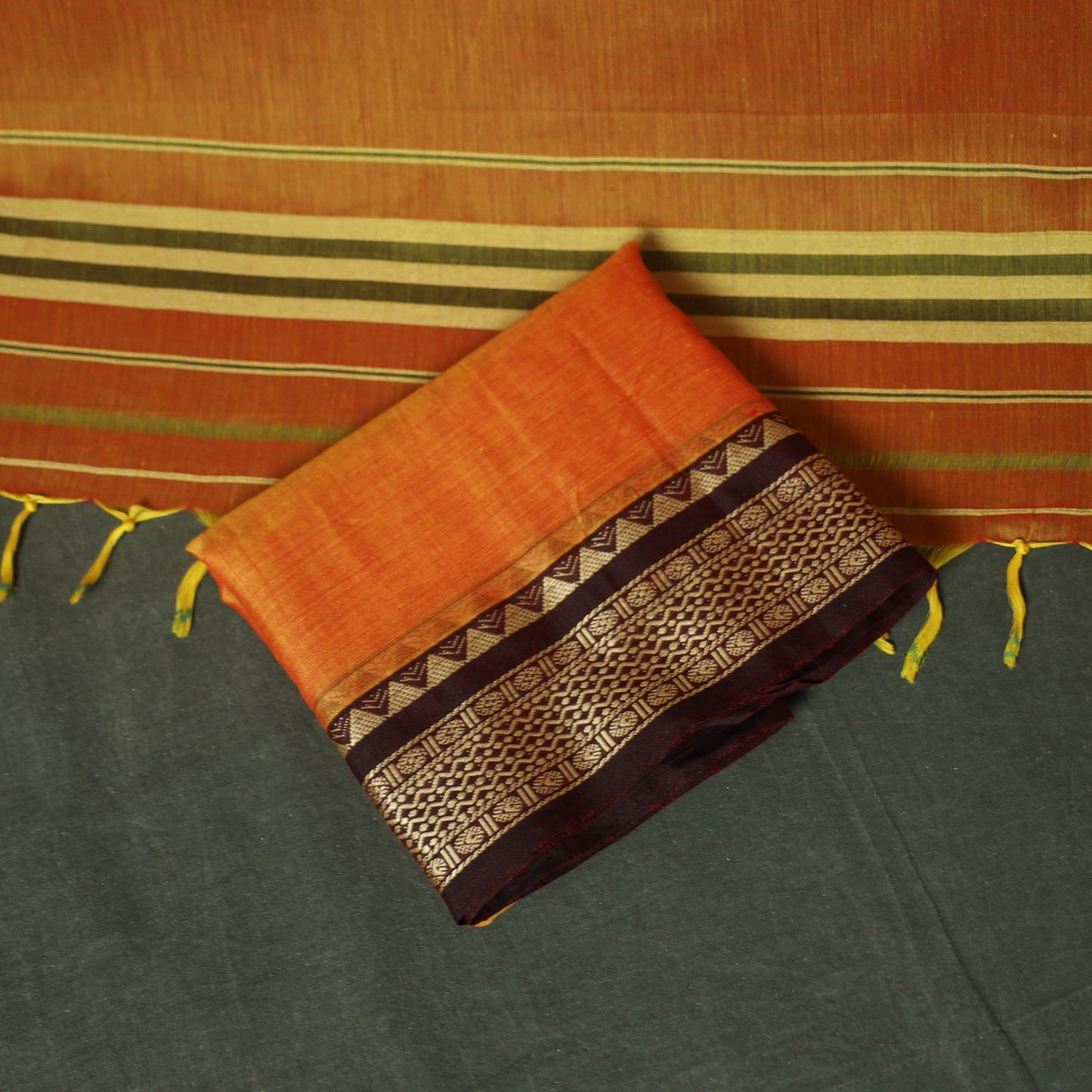 Orange - Dharwad Woven Mercerised Cotton 3pc Unstitched Dress Material Suit Set 63