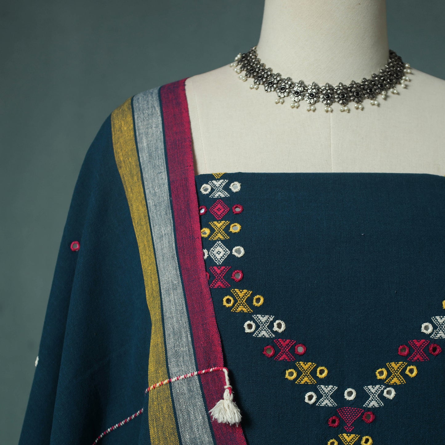 Kutch Bhujodi Handloom Kala Cotton 3pc Unstitched Dress Material Suit Set 07