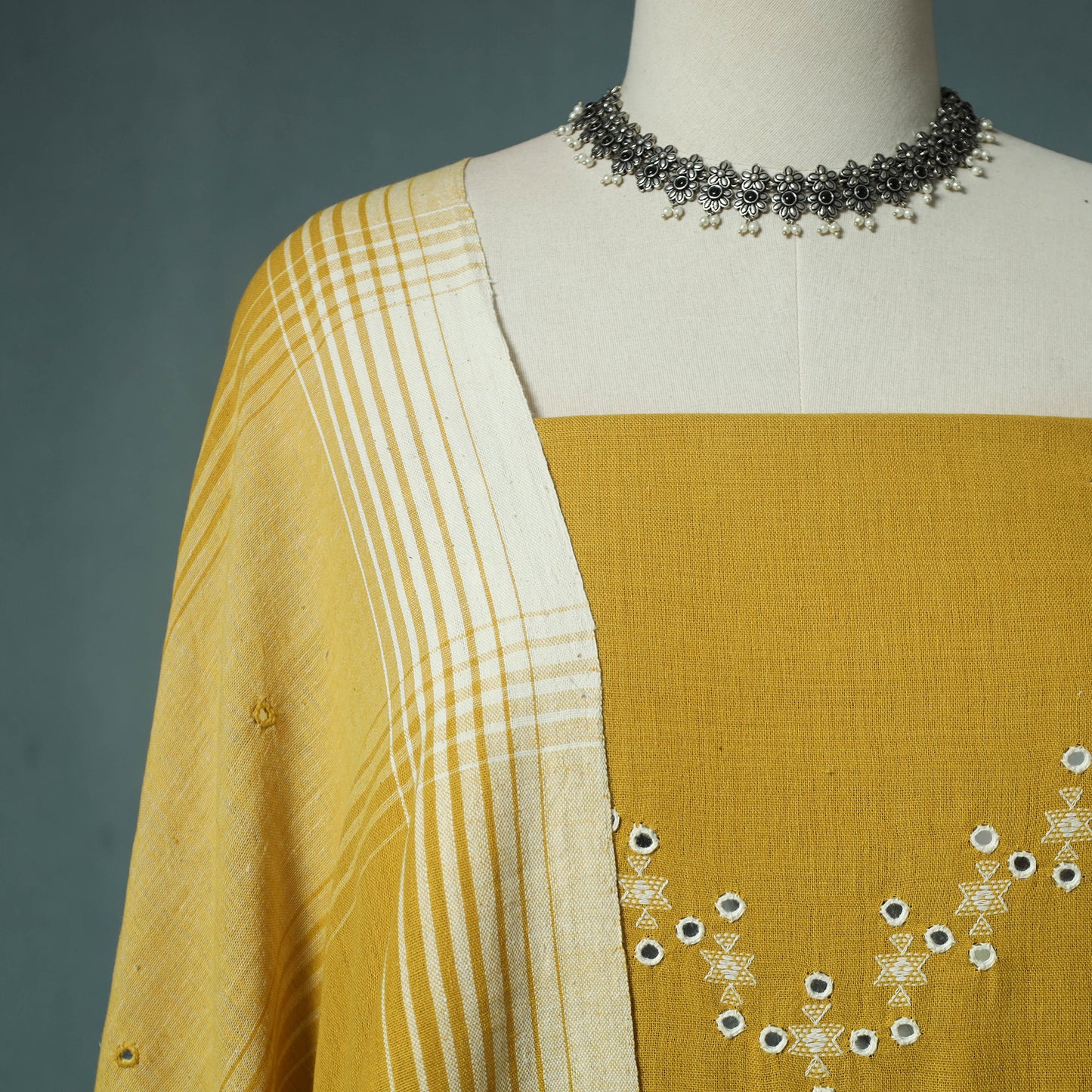 Kutch Bhujodi Handloom Kala Cotton 3pc Unstitched Dress Material Suit Set 03
