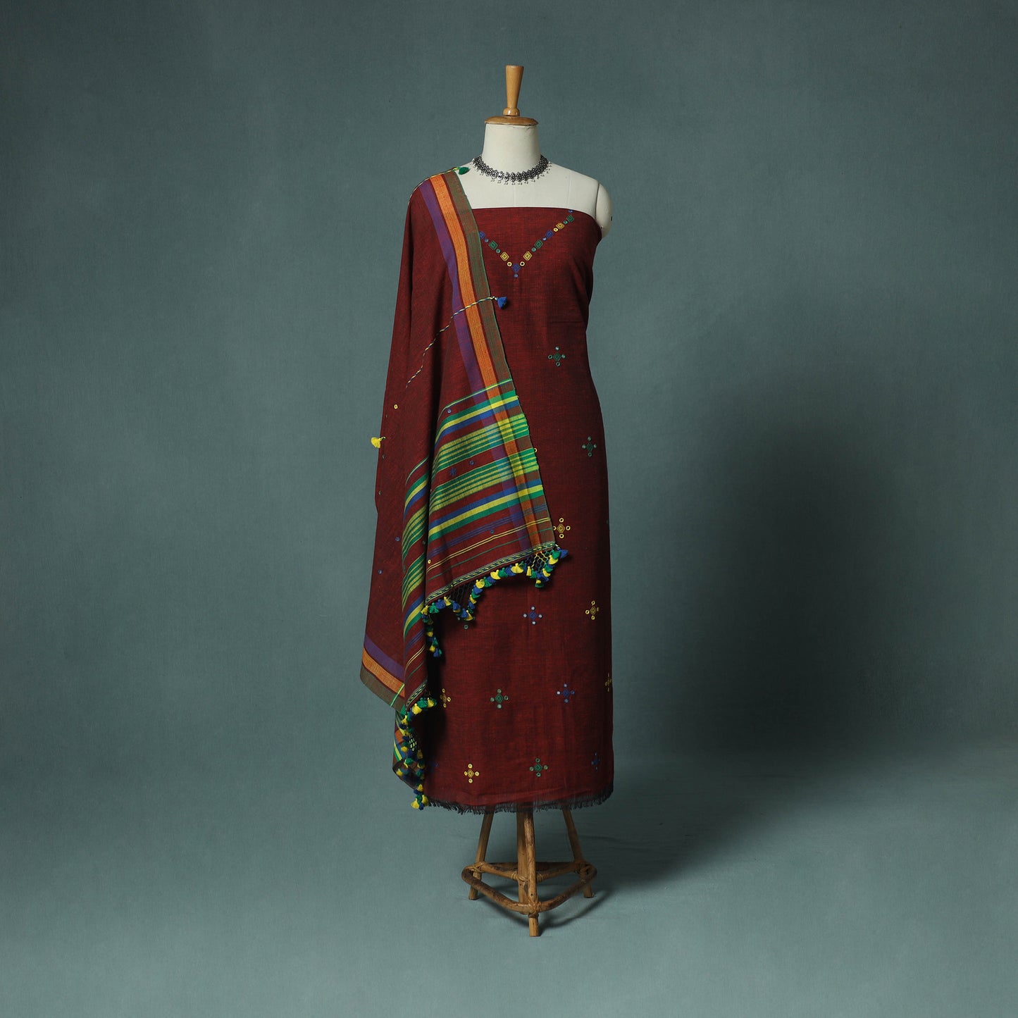 Kutch Bhujodi Handloom Kala Cotton 3pc Unstitched Dress Material Suit Set 04