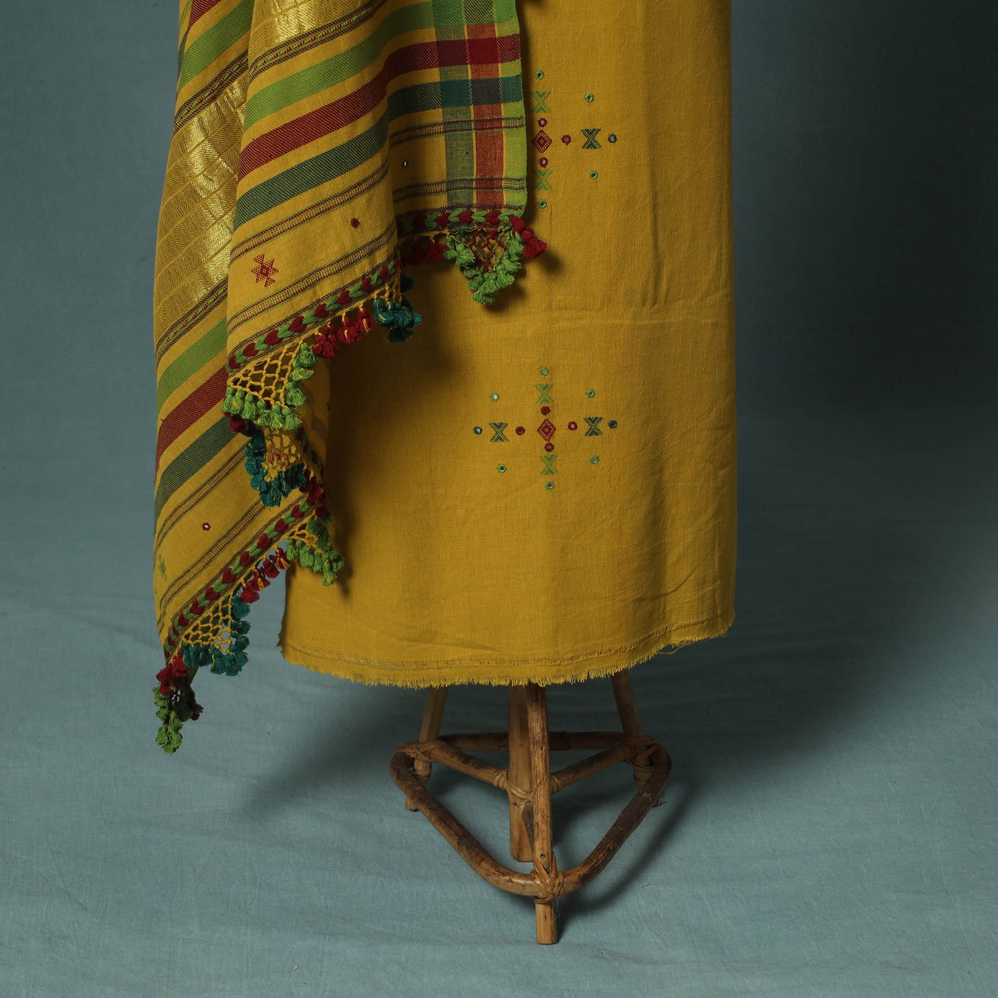 Kutch Bhujodi Handloom Kala Cotton 3pc Unstitched Dress Material Suit Set 06