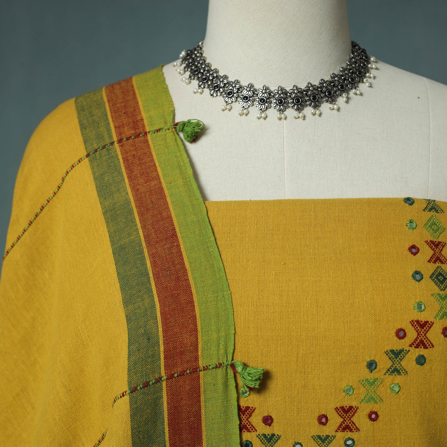 Kutch Bhujodi Handloom Kala Cotton 3pc Unstitched Dress Material Suit Set 06