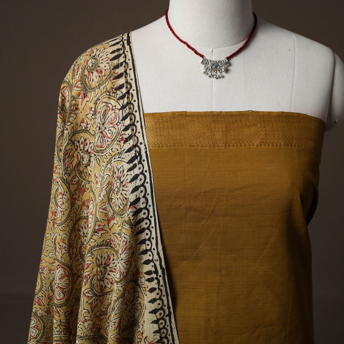 Mangalagiri Handwoven Cotton 2pc Unstitched Dress Material Kurta Set with Jewellery 05