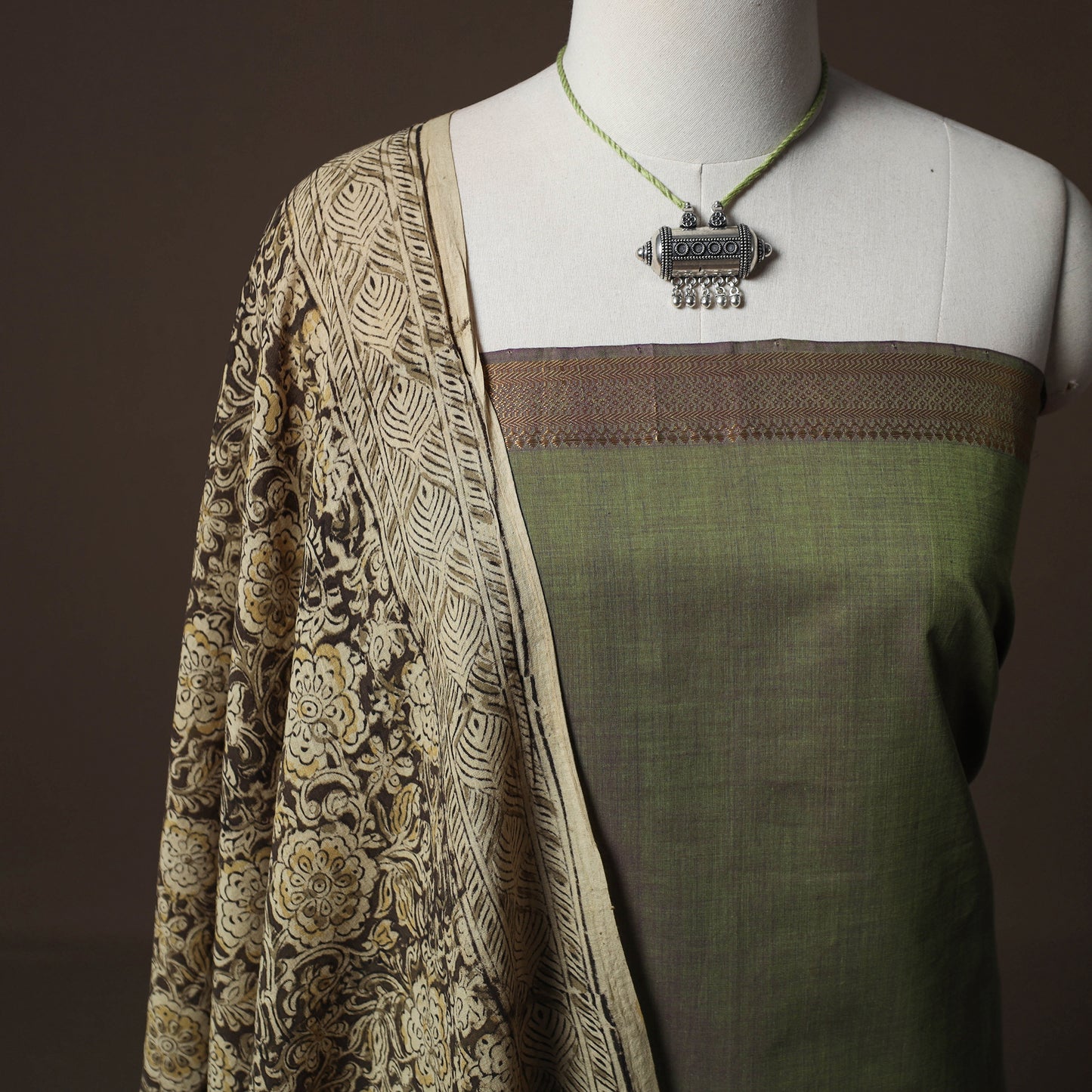 Mangalagiri Handwoven Cotton 2pc Unstitched Dress Material Kurta Set with Jewellery 06