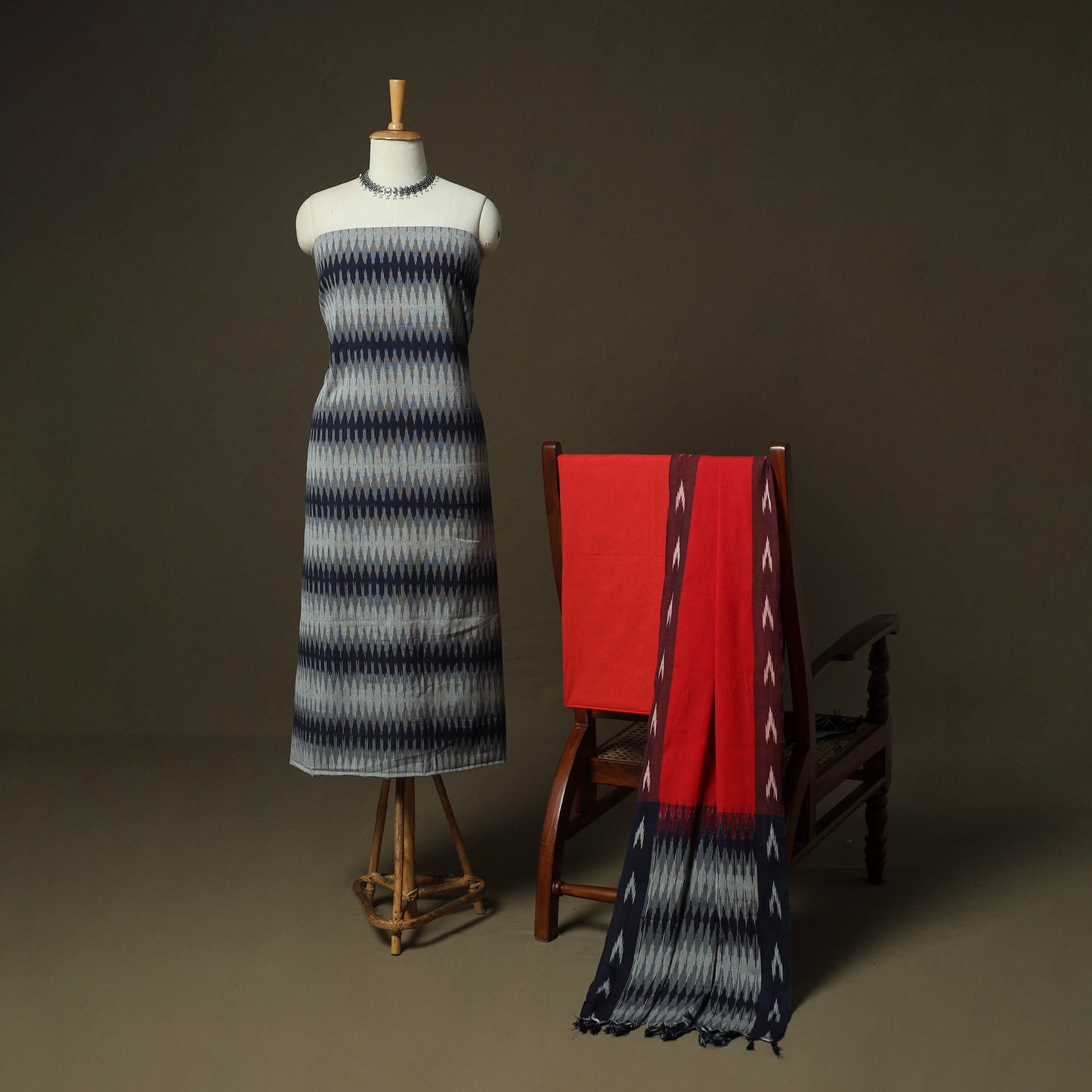 Grey - Pochampally Ikat Weave 3pc Cotton Unstitched Dress Material Suit Set 01