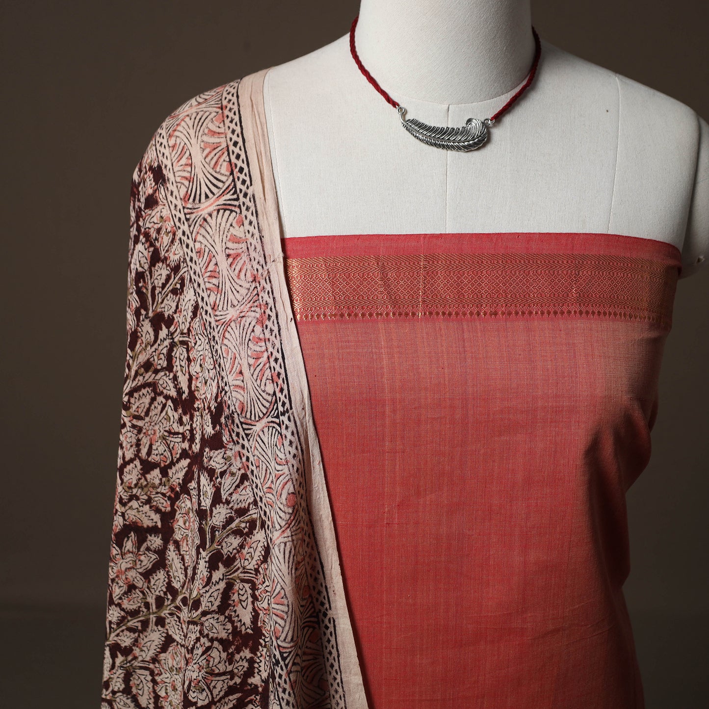 Mangalagiri Handwoven Cotton 2pc Unstitched Dress Material Kurta Set with Jewellery 07
