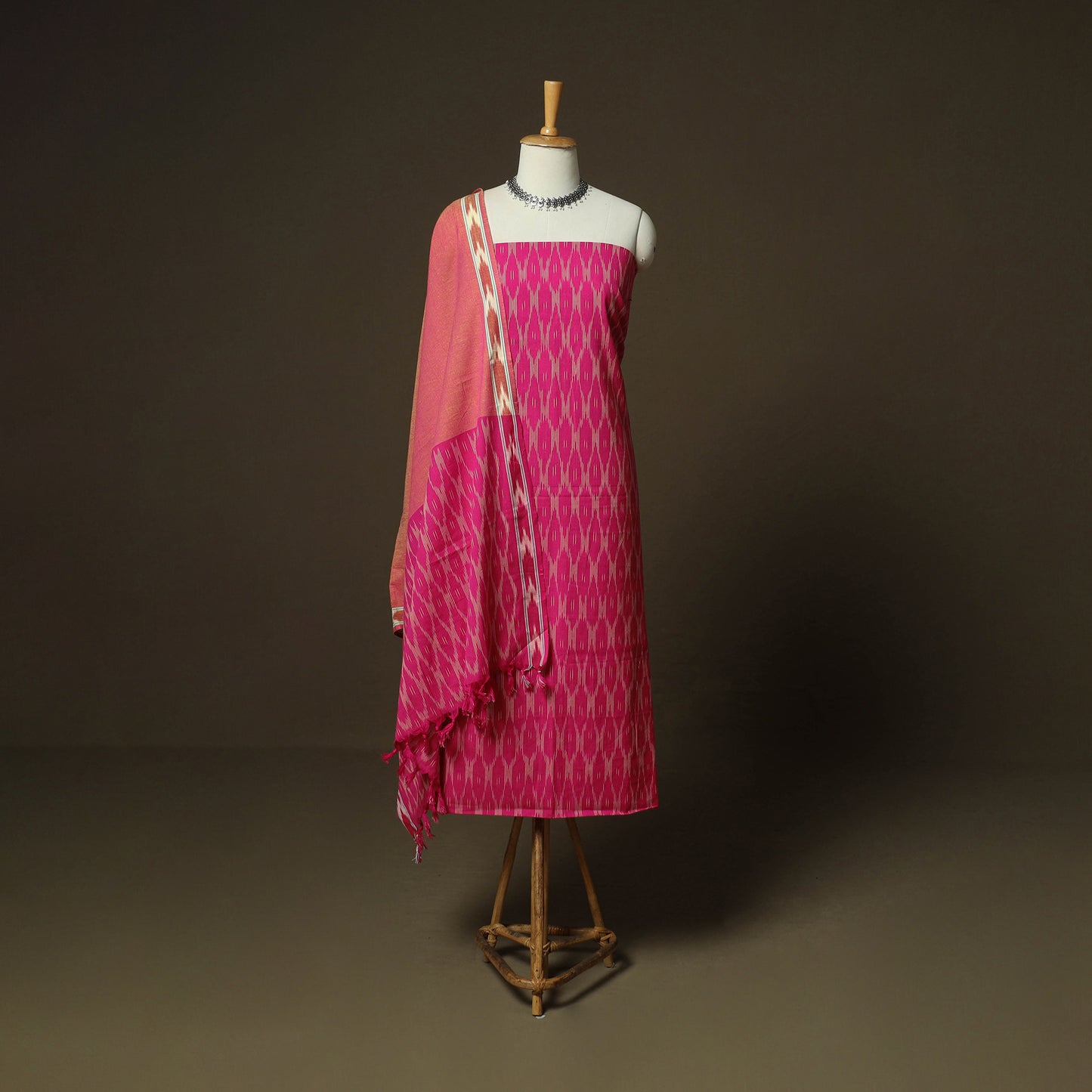 Pink - Pochampally Ikat Weave 3pc Cotton Unstitched Dress Material Suit Set 02
