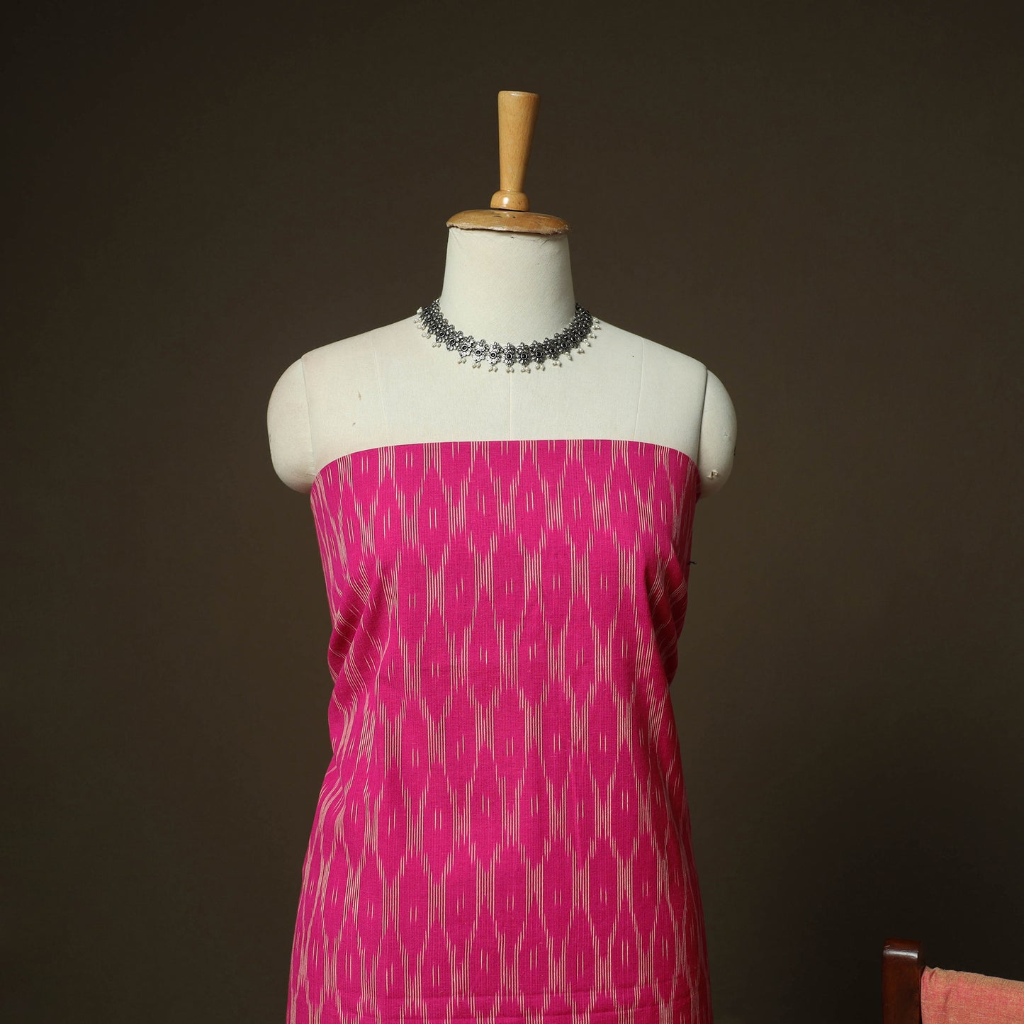 Pink - Pochampally Ikat Weave 3pc Cotton Unstitched Dress Material Suit Set 02