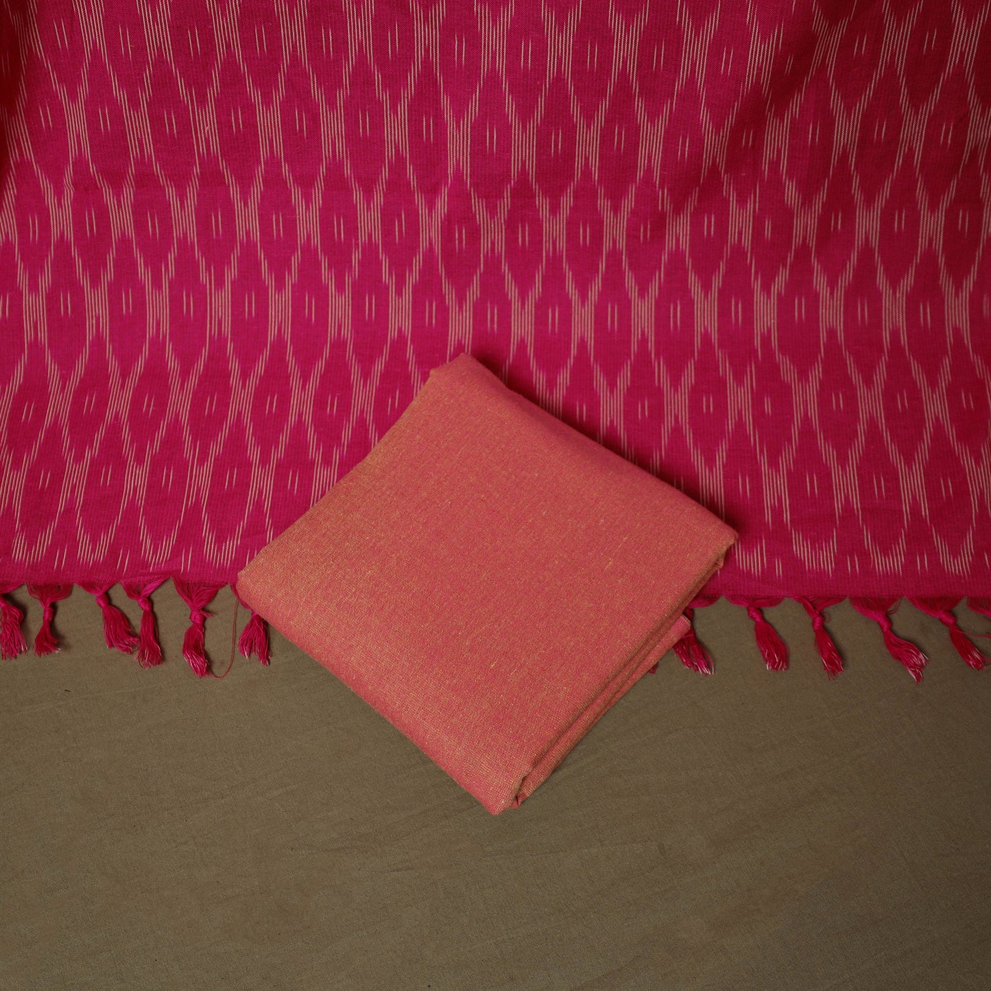 Pink - Pochampally Ikat Weave 3pc Cotton Unstitched Dress Material Suit Set 02