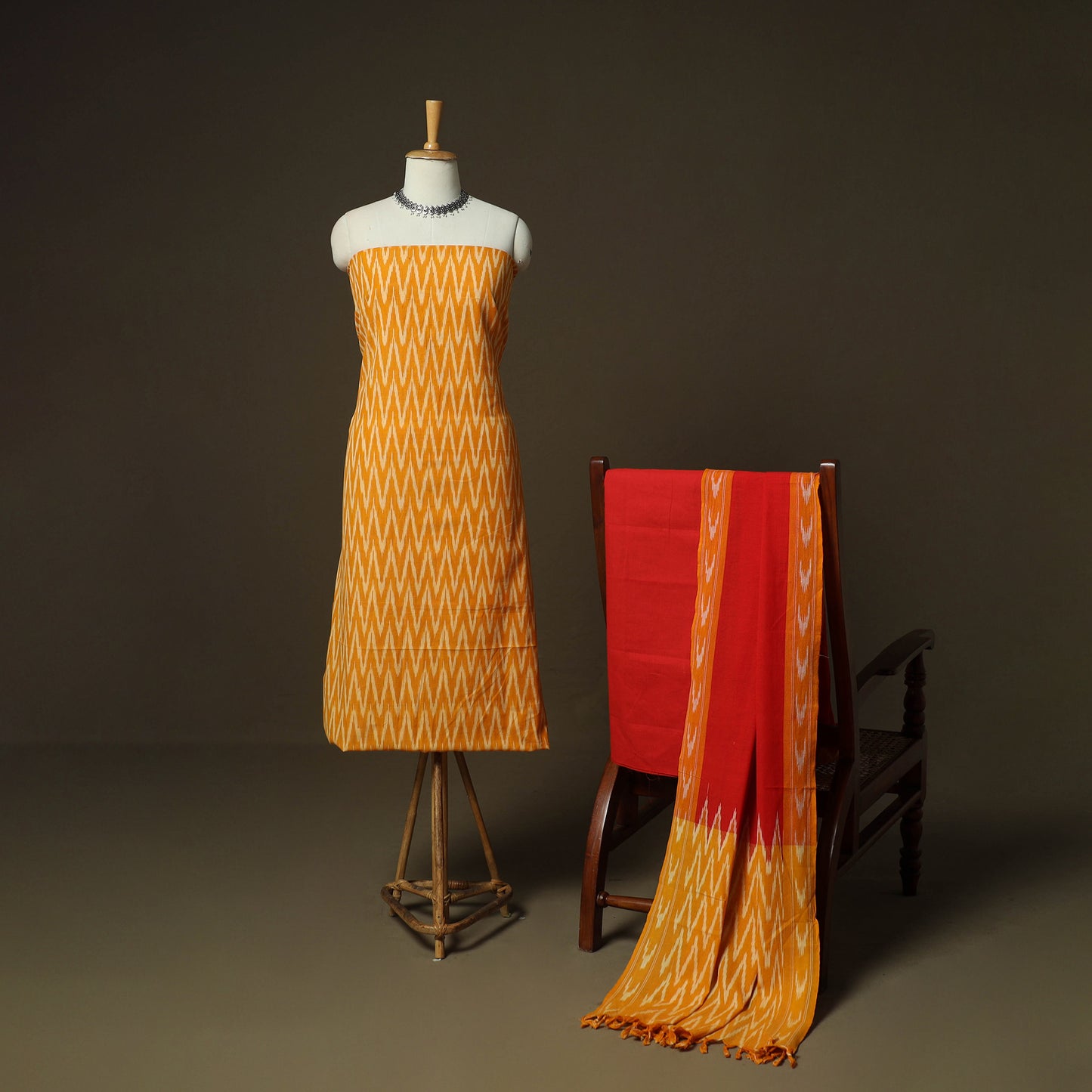 Orange - Pochampally Ikat Weave 3pc Cotton Unstitched Dress Material Suit Set 03