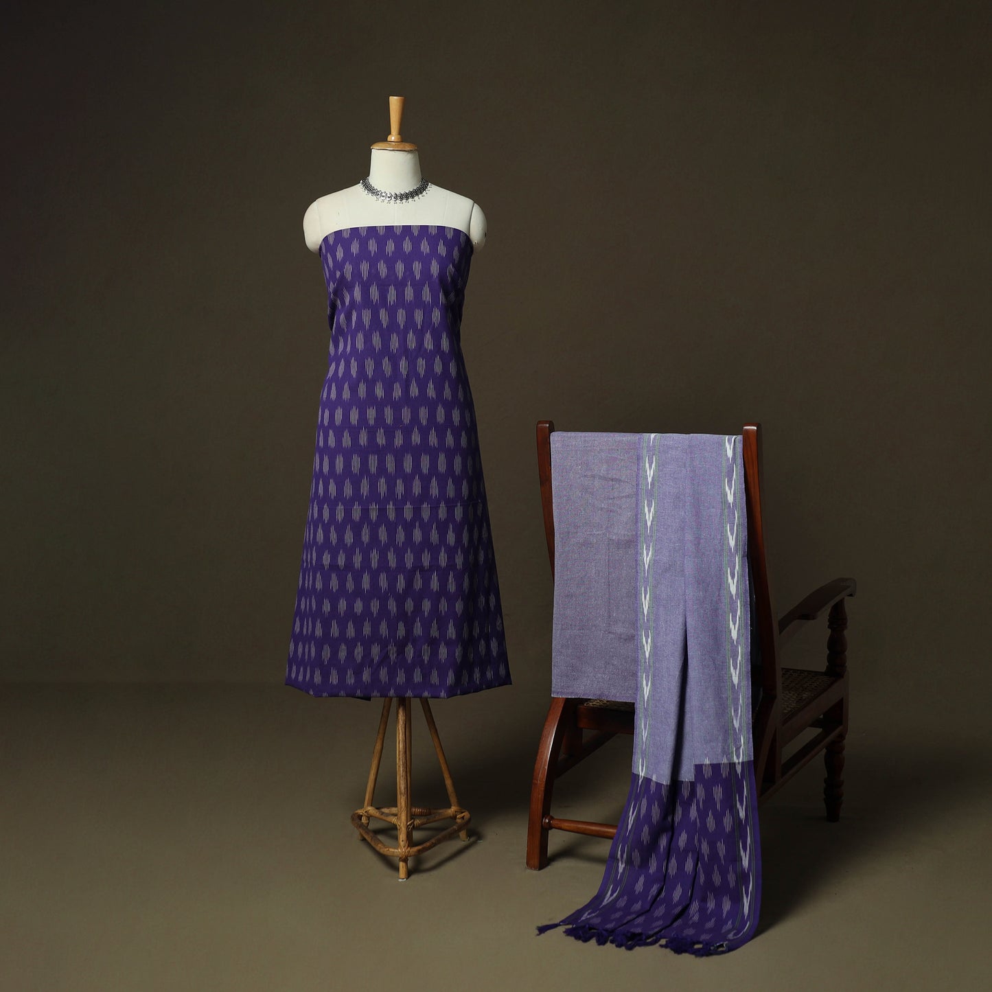 Purple - Pochampally Ikat Weave 3pc Cotton Unstitched Dress Material Suit Set 04