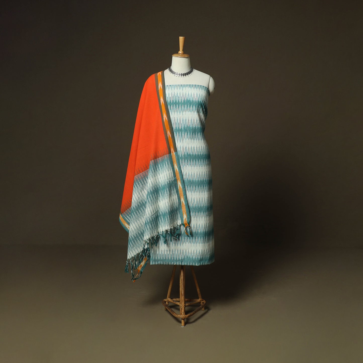 Multicolor - Pochampally Ikat Weave 3pc Cotton Unstitched Dress Material Suit Set 05