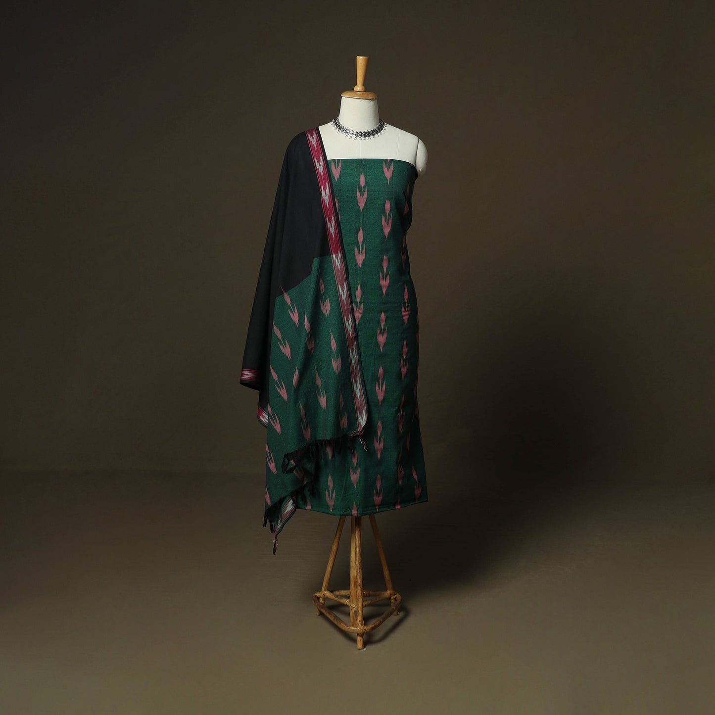 Green - Pochampally Ikat Weave 3pc Cotton Unstitched Dress Material Suit Set 06
