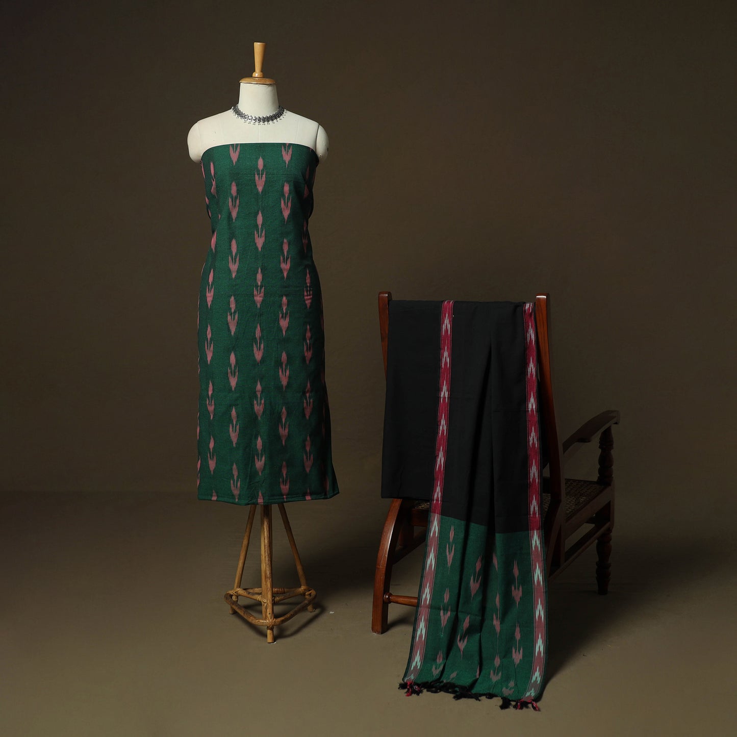 Green - Pochampally Ikat Weave 3pc Cotton Unstitched Dress Material Suit Set 06