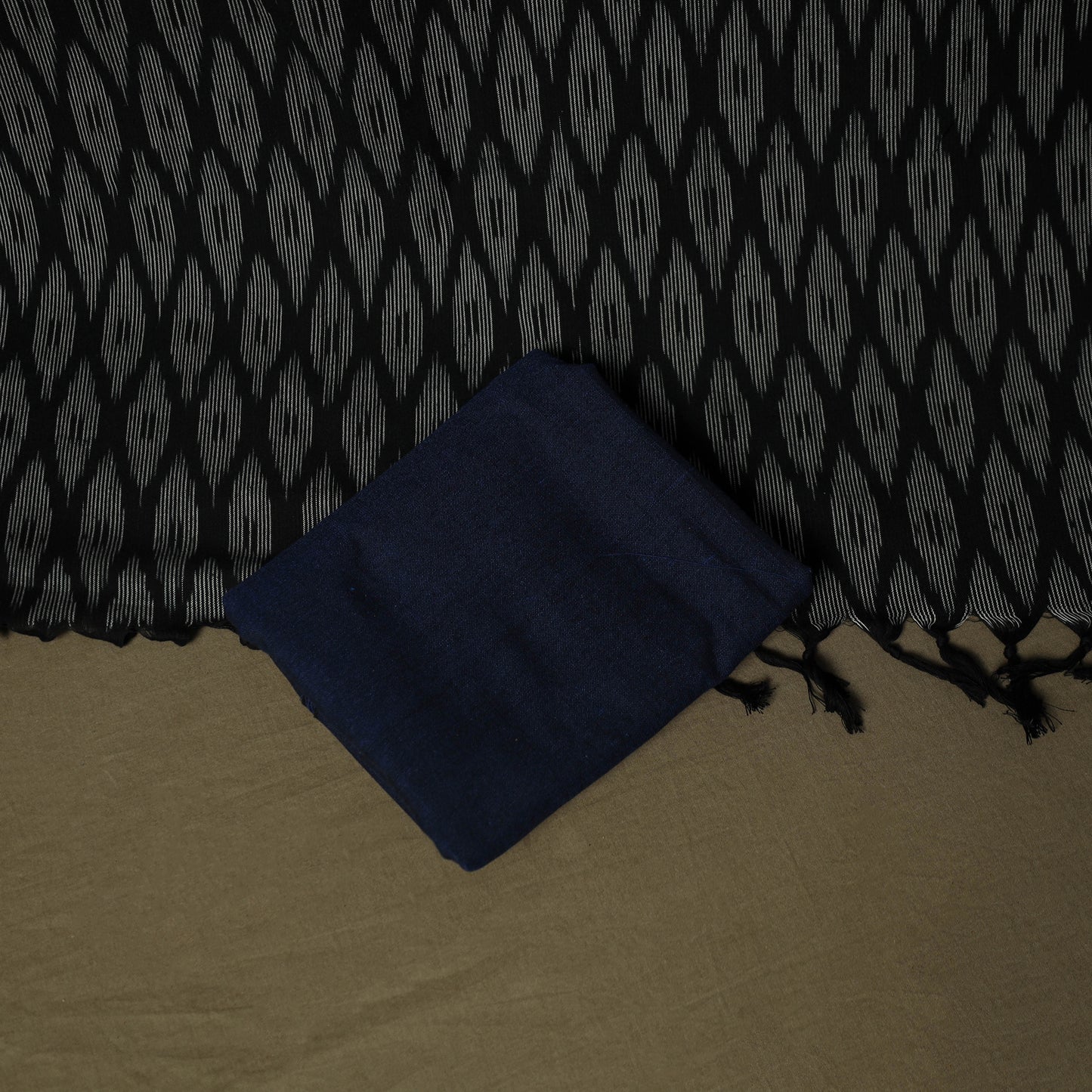 Black - Pochampally Ikat Weave 3pc Cotton Unstitched Dress Material Suit Set 08