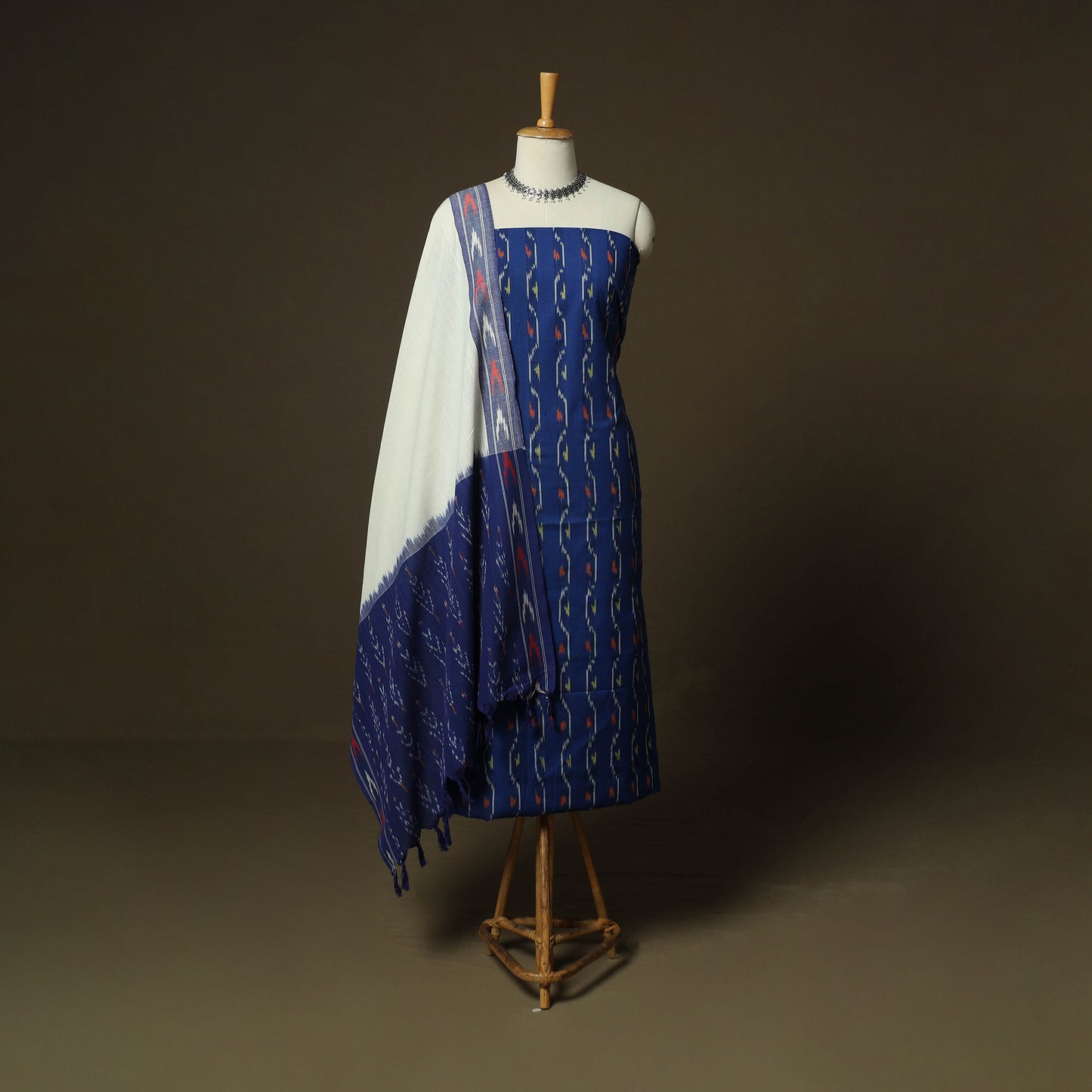 Blue - Pochampally Ikat Weave 3pc Cotton Unstitched Dress Material Suit Set 09