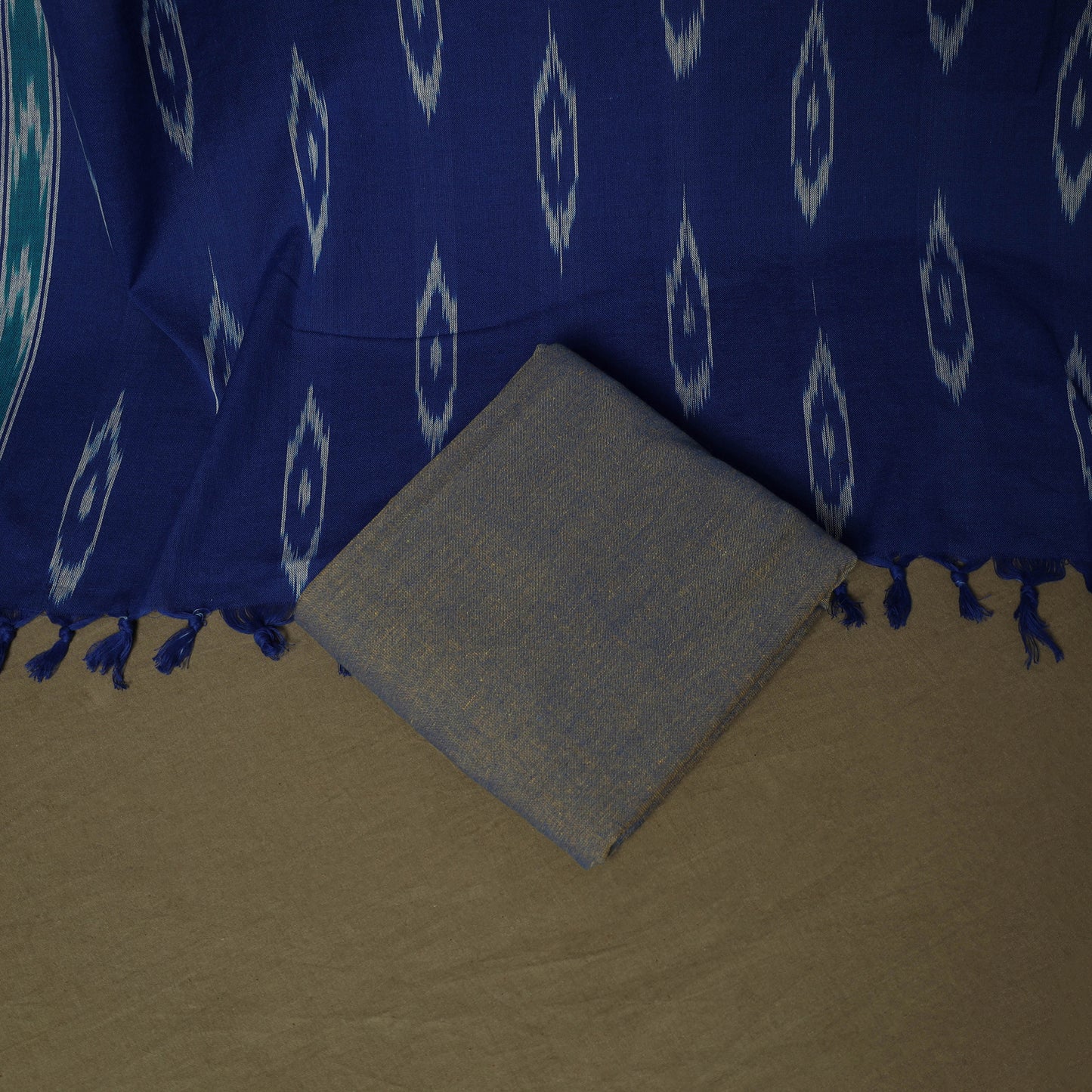 Blue - Pochampally Ikat Weave 3pc Cotton Unstitched Dress Material Suit Set 10