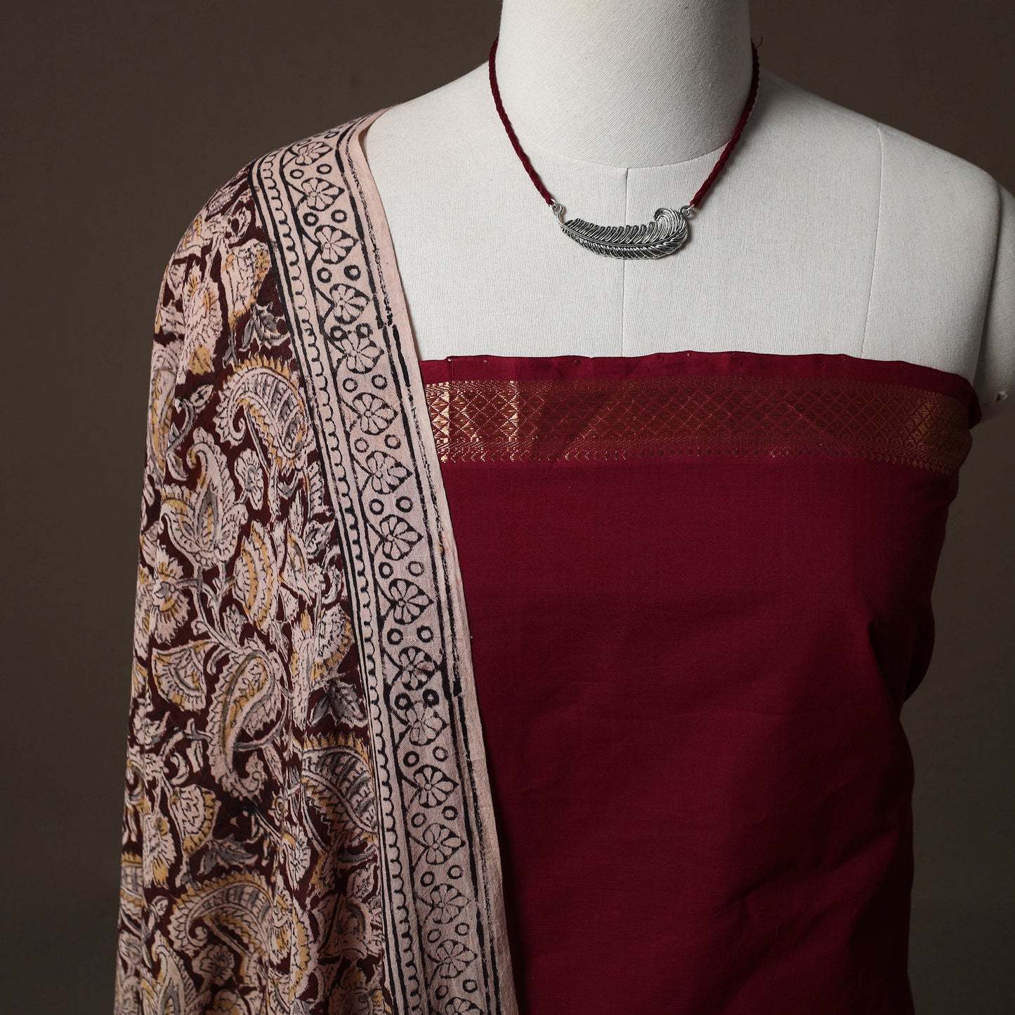 Mangalagiri Handwoven Cotton 2pc Unstitched Dress Material Kurta Set with Jewellery 19