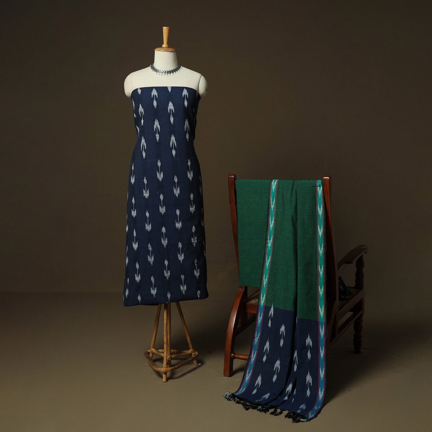 Blue - Pochampally Ikat Weave 3pc Cotton Unstitched Dress Material Suit Set 12
