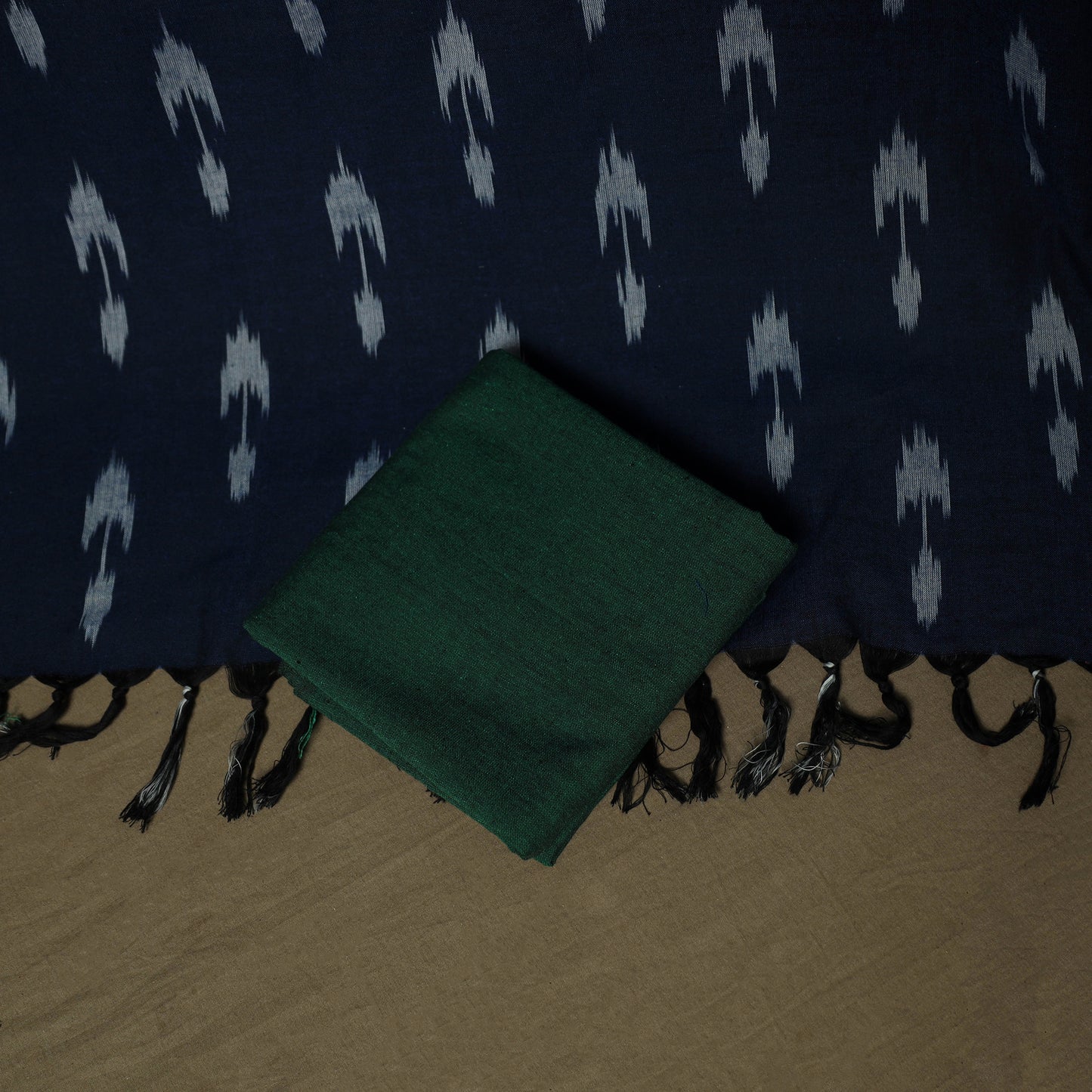 Blue - Pochampally Ikat Weave 3pc Cotton Unstitched Dress Material Suit Set 12