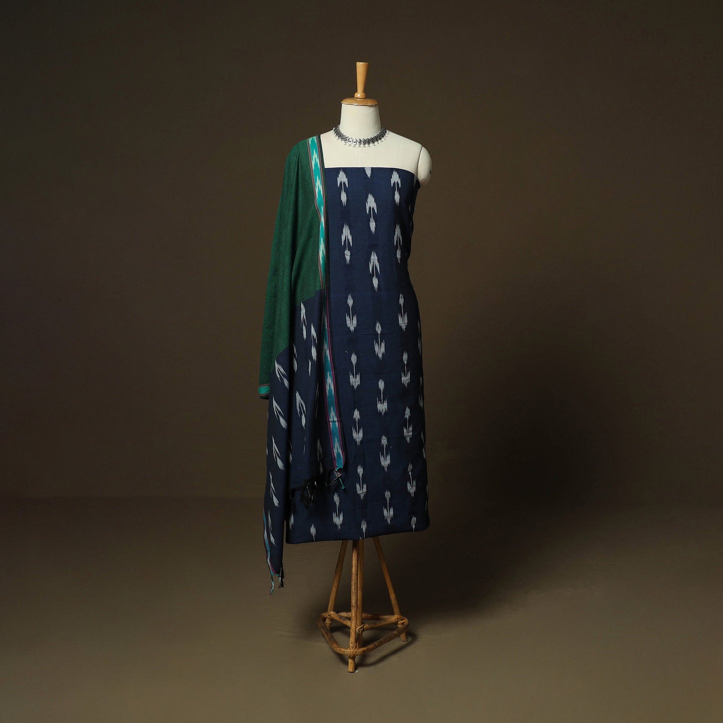 Blue - Pochampally Ikat Weave 3pc Cotton Unstitched Dress Material Suit Set 12