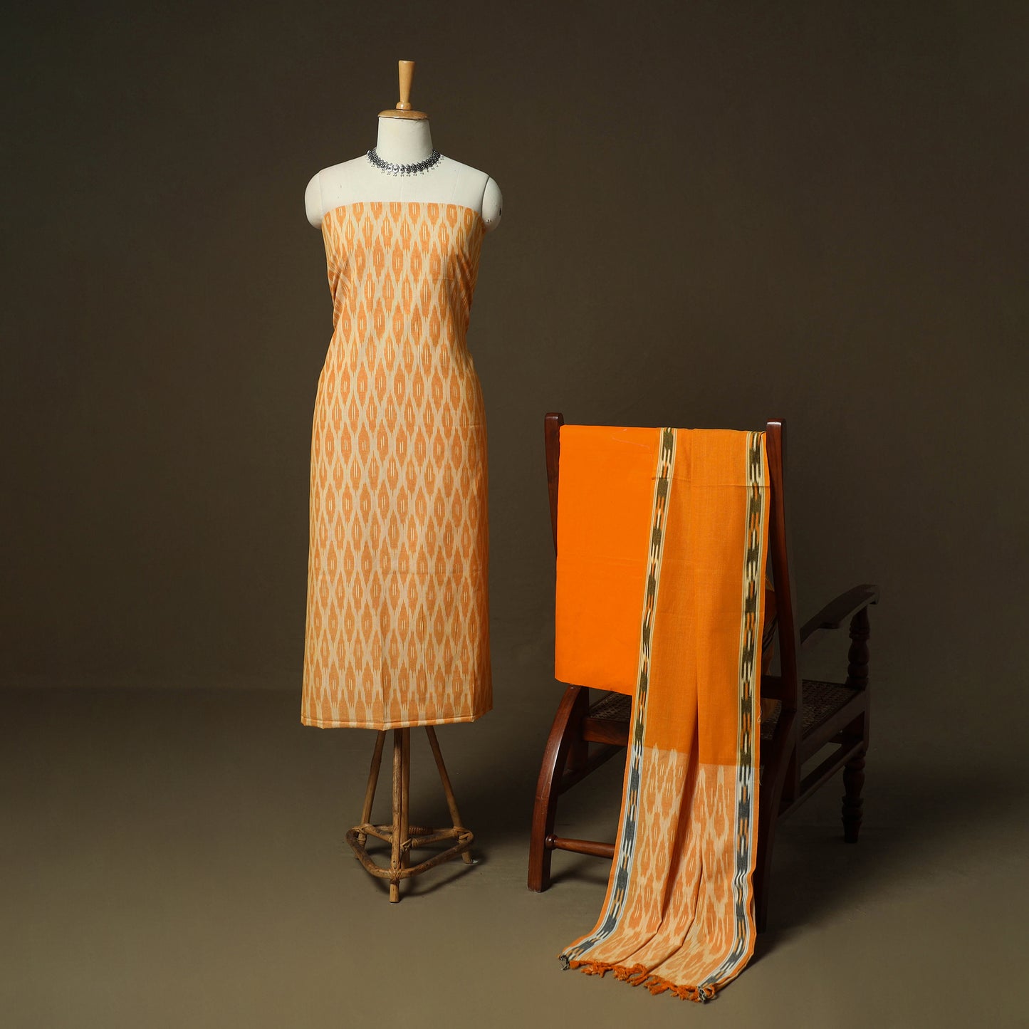 Orange - Pochampally Ikat Weave 3pc Cotton Unstitched Dress Material Suit Set 13