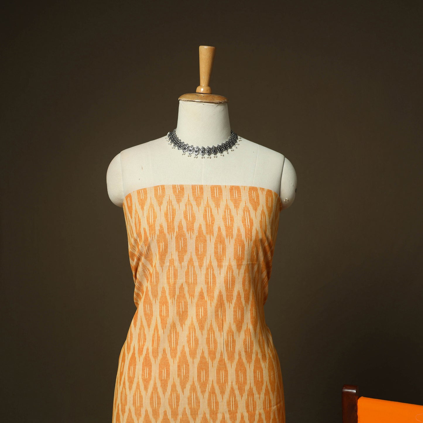 Orange - Pochampally Ikat Weave 3pc Cotton Unstitched Dress Material Suit Set 13