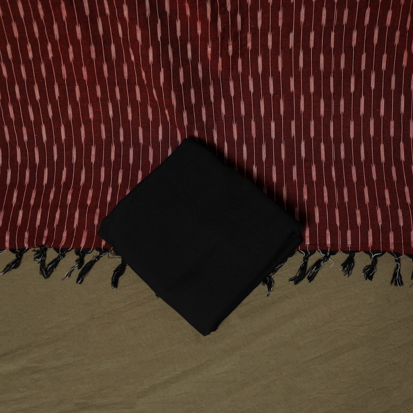 Maroon - Pochampally Ikat Weave 3pc Cotton Unstitched Dress Material Suit Set 14