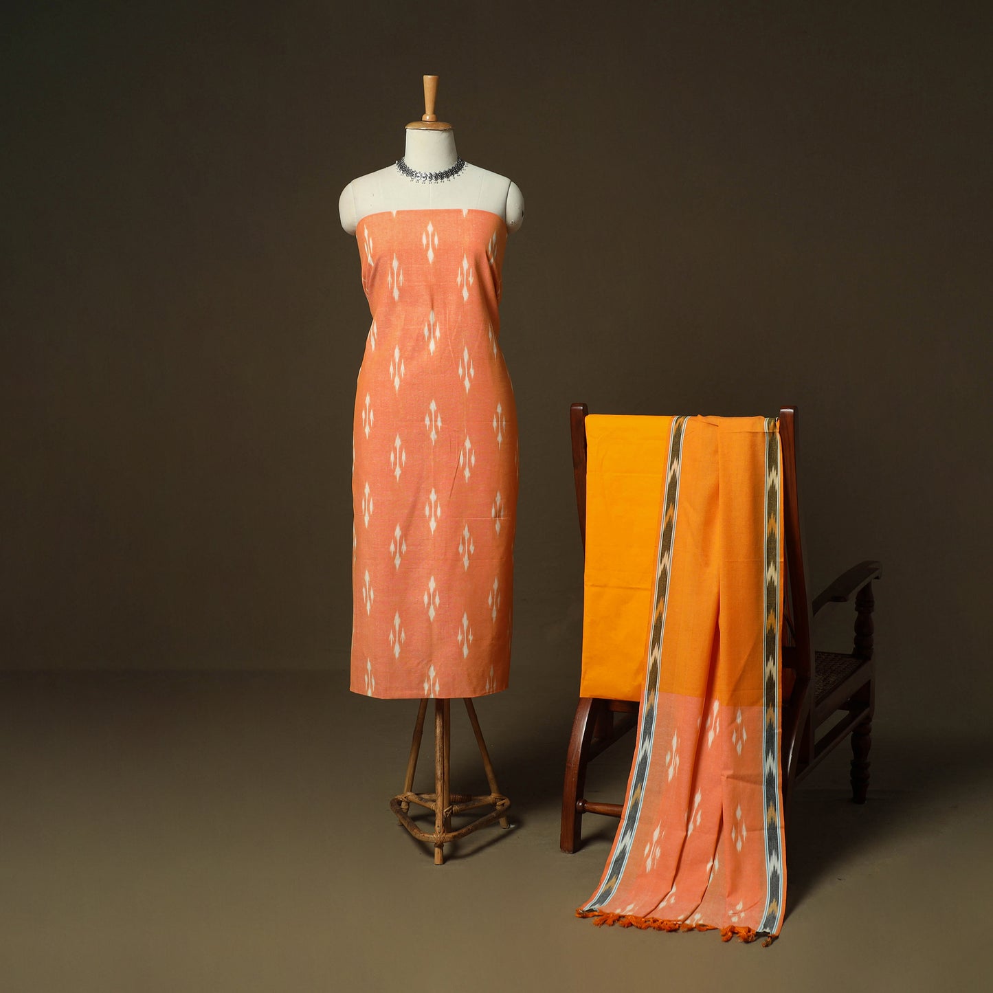 Orange - Pochampally Ikat Weave 3pc Cotton Unstitched Dress Material Suit Set 15