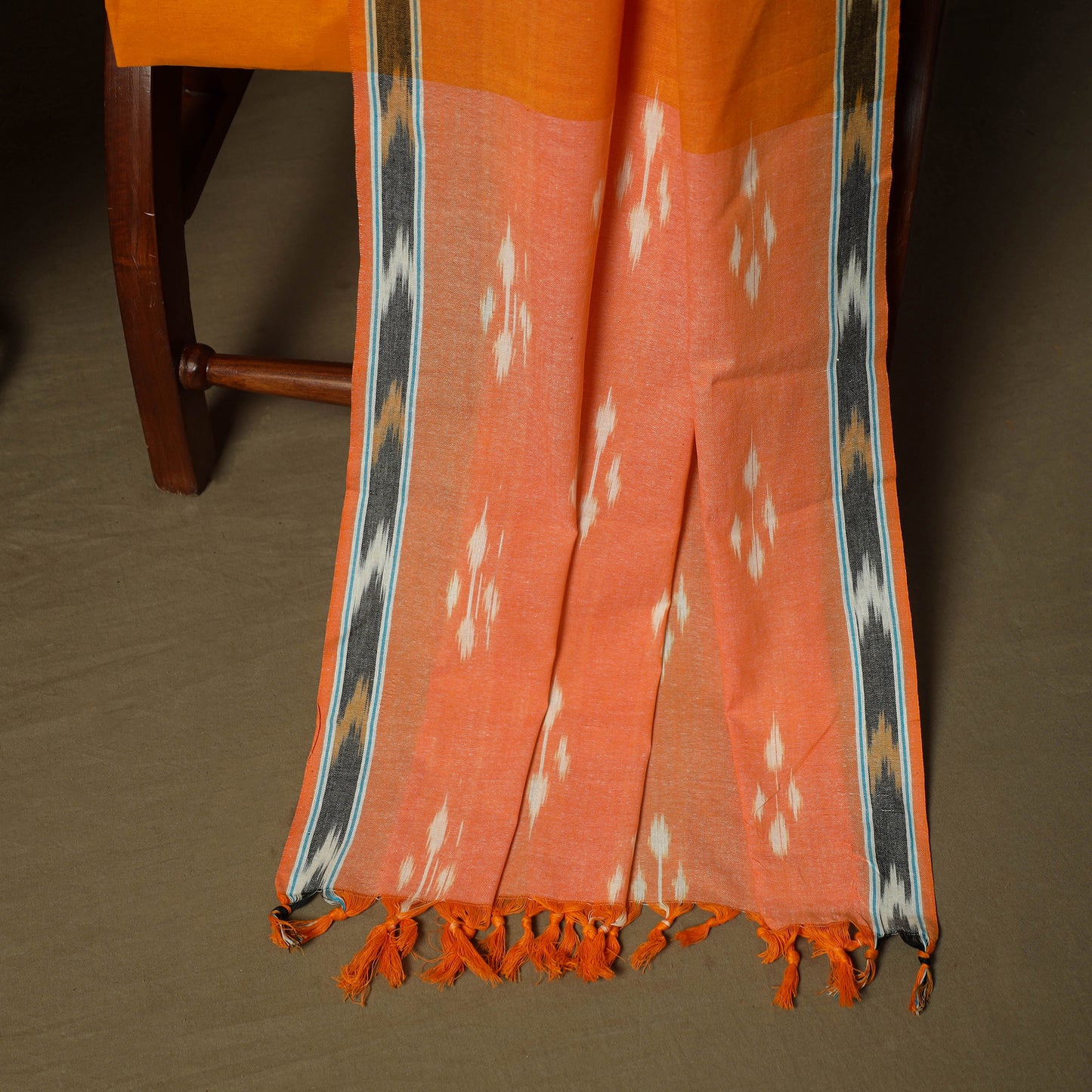 Orange - Pochampally Ikat Weave 3pc Cotton Unstitched Dress Material Suit Set 15