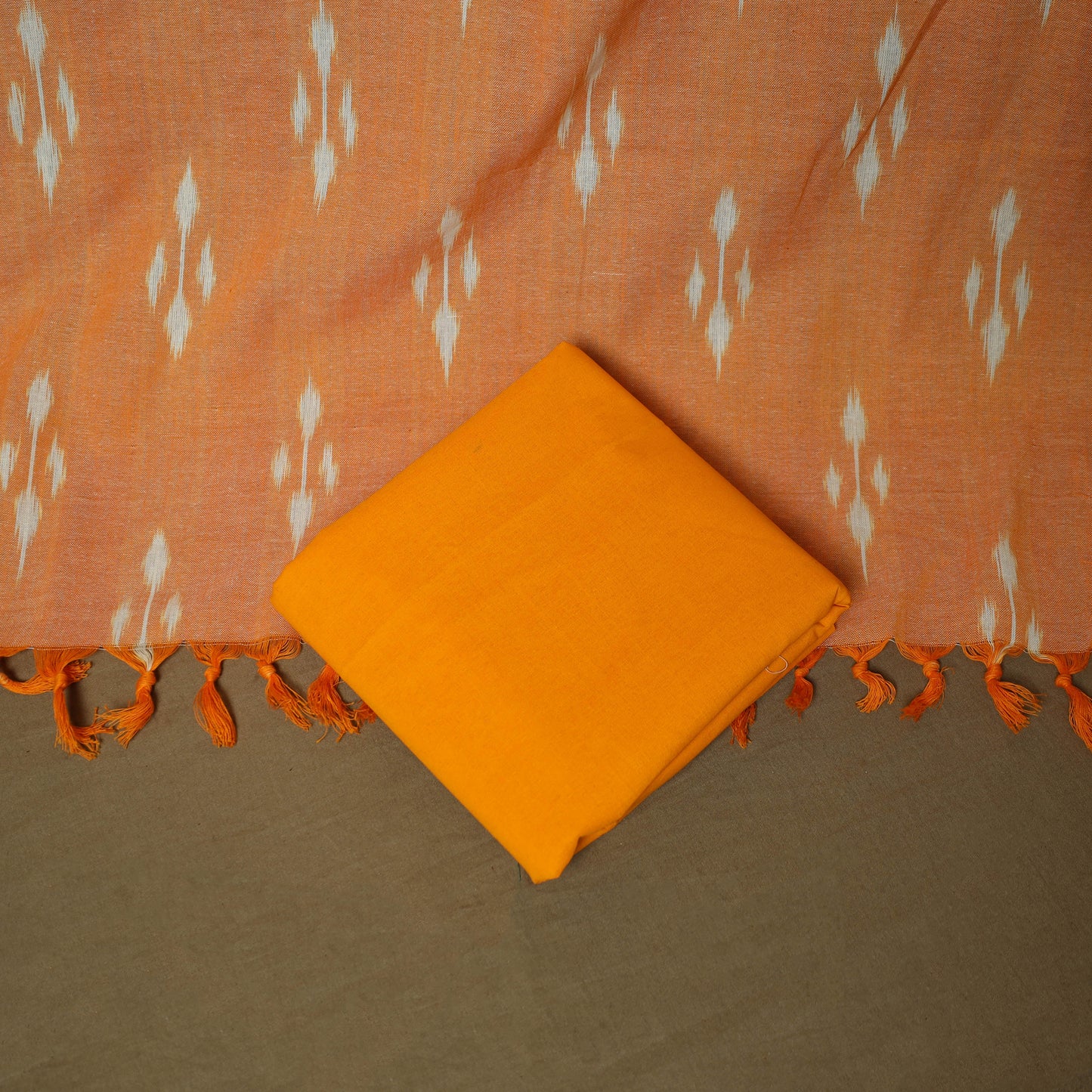 Orange - Pochampally Ikat Weave 3pc Cotton Unstitched Dress Material Suit Set 15