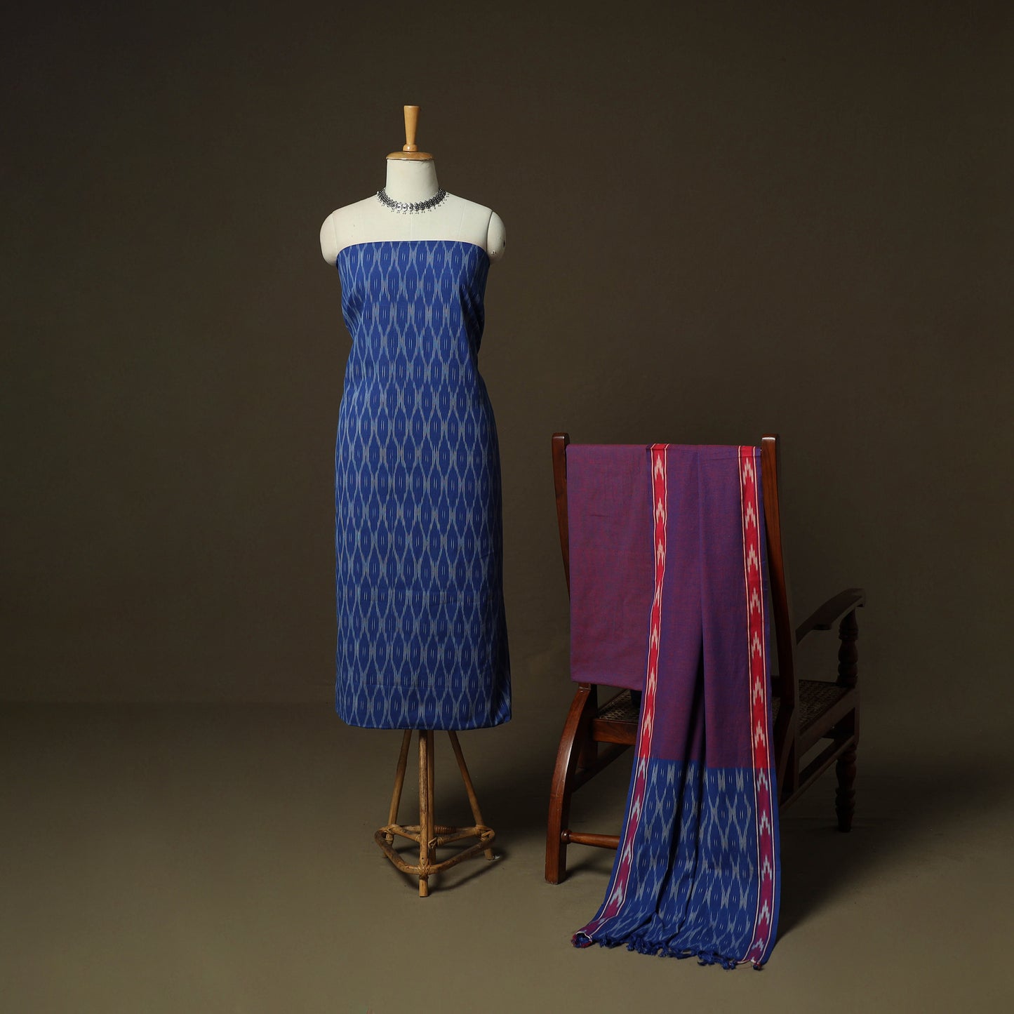 Blue - Pochampally Ikat Weave 3pc Cotton Unstitched Dress Material Suit Set 16