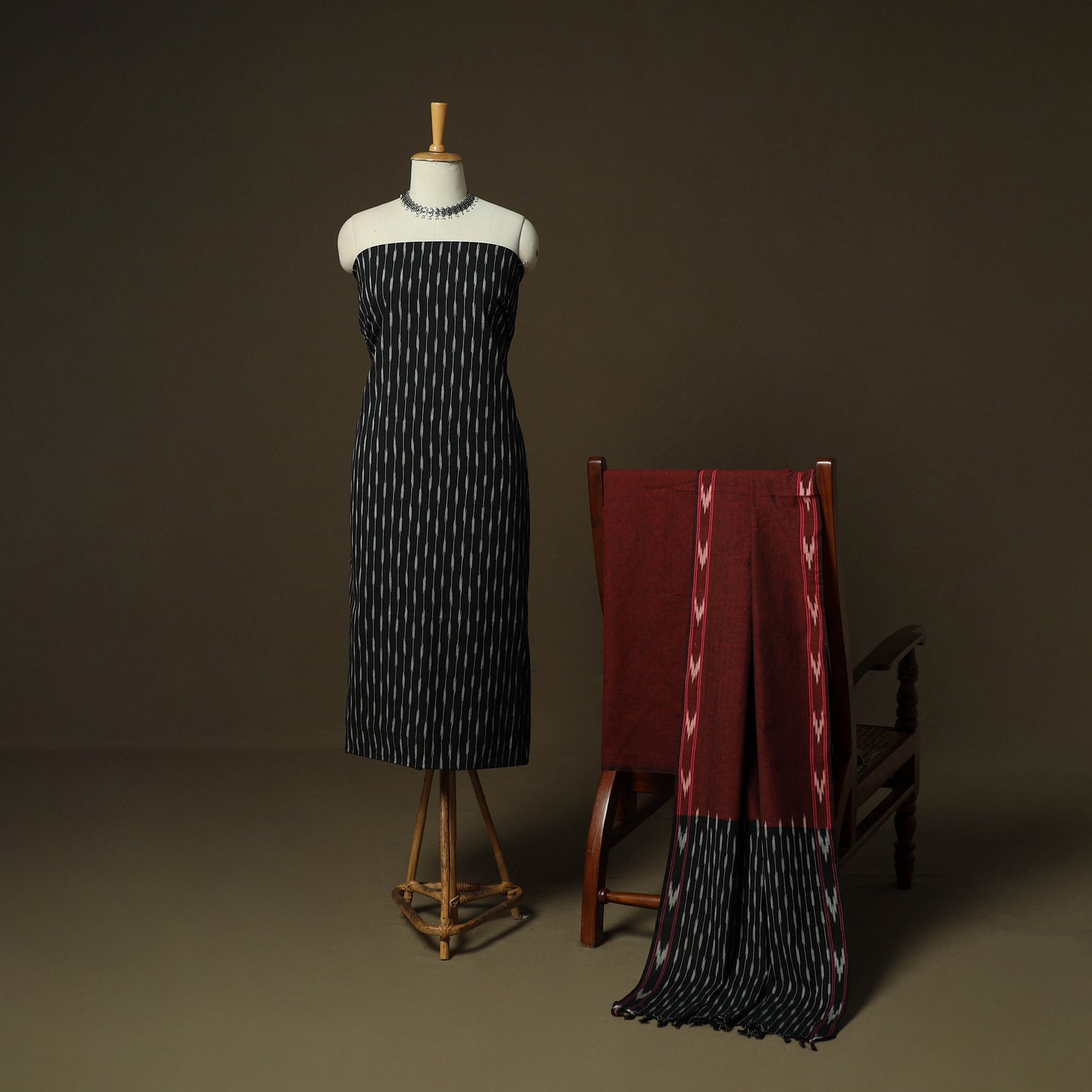 Black - Pochampally Ikat Weave 3pc Cotton Unstitched Dress Material Suit Set 18
