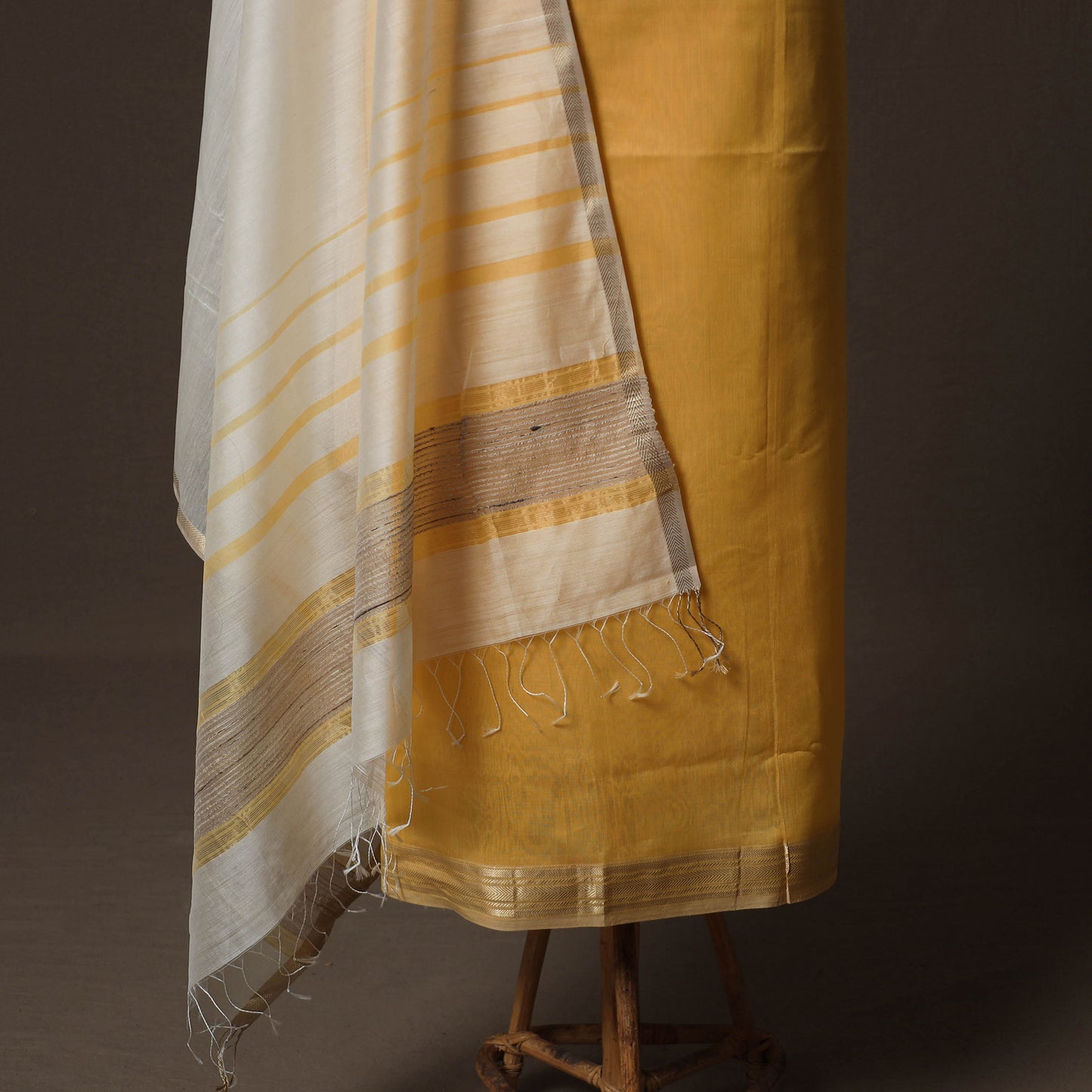 Orange - Yellow - 2pc Handloom Maheshwari Silk Unstitched Dress Material Kurta Set with Zari Border 01