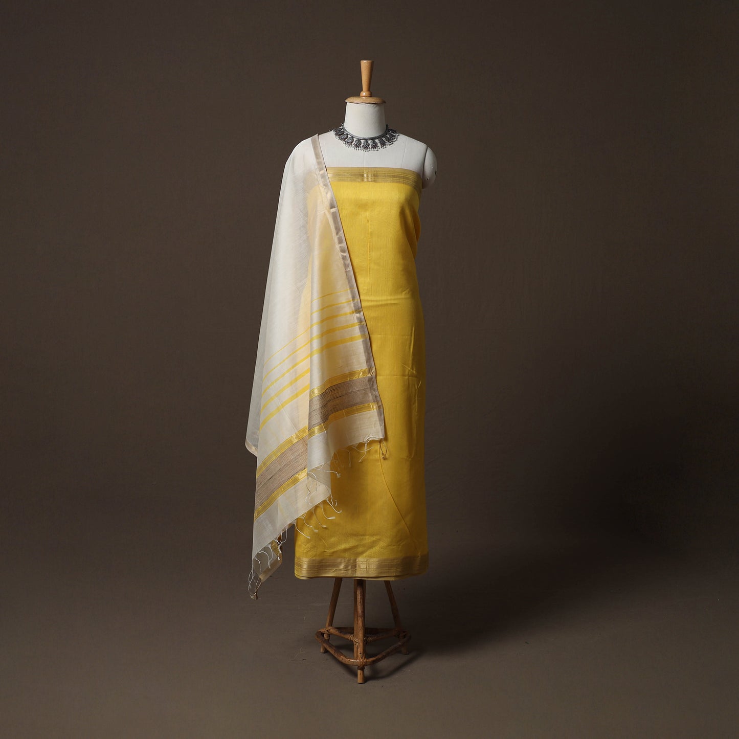 Yellow - 2pc Handloom Maheshwari Silk Unstitched Dress Material Kurta Set 02