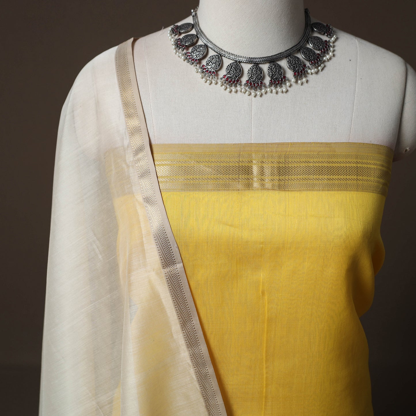 Yellow - 2pc Handloom Maheshwari Silk Unstitched Dress Material Kurta Set 02