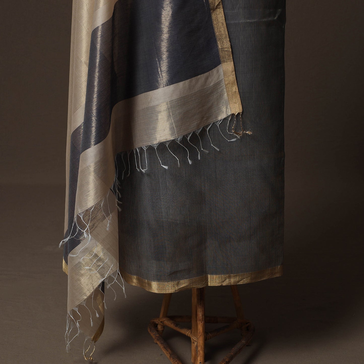 Grey - 2pc Handloom Tissue Zari Stripes Maheshwari Silk Unstitched Dress Material Kurta Set 04