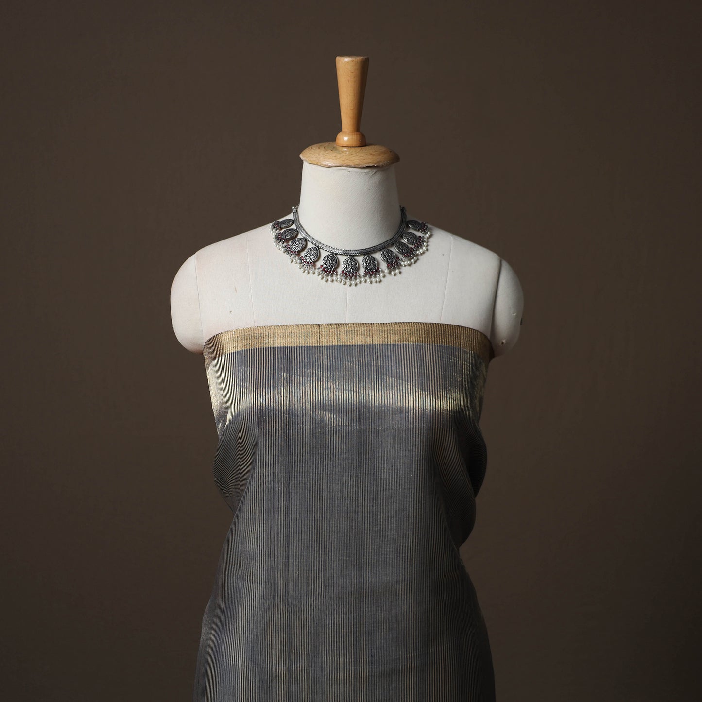 Grey - 2pc Handloom Tissue Zari Stripes Maheshwari Silk Unstitched Dress Material Kurta Set 04