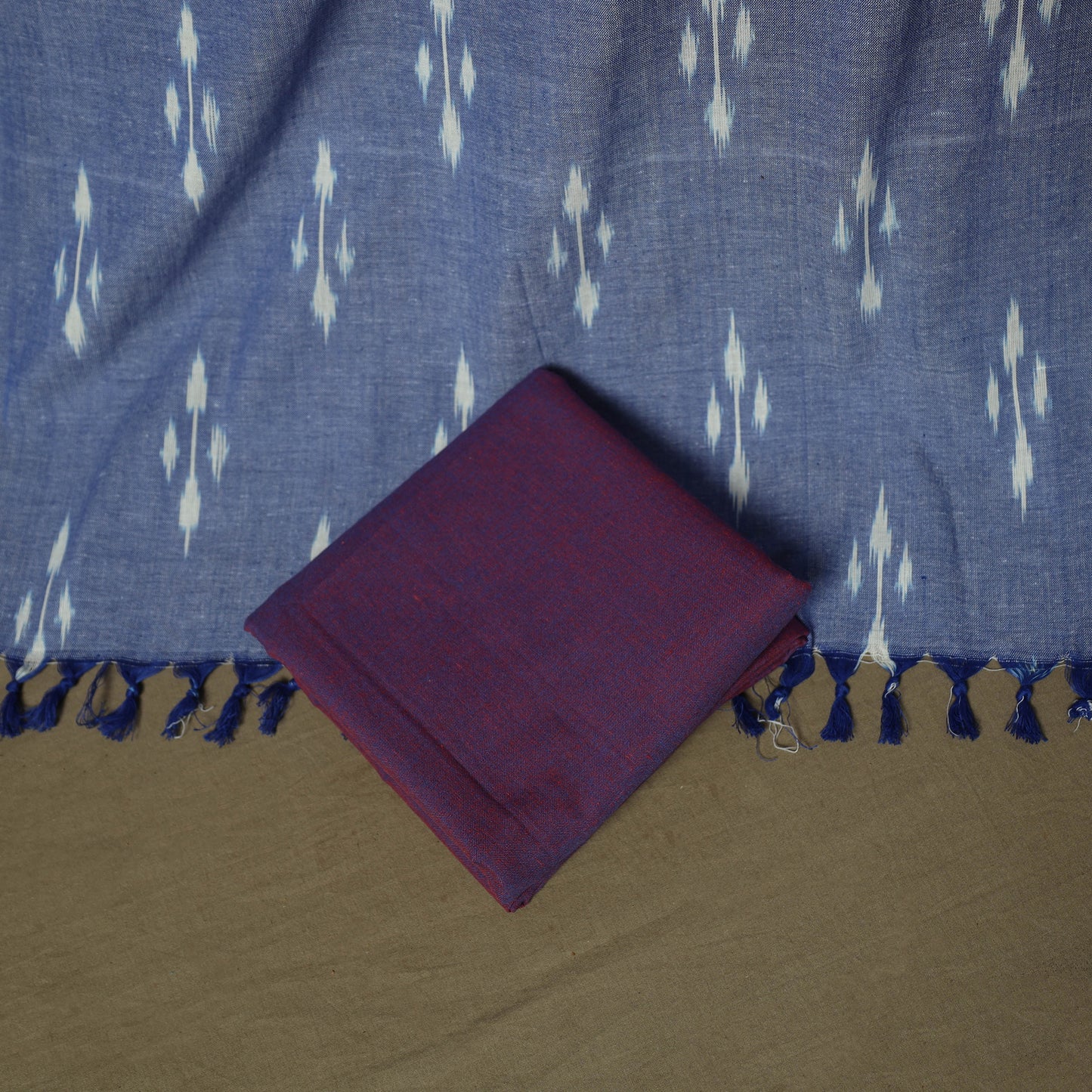 Blue - Pochampally Ikat Weave 3pc Cotton Unstitched Dress Material Suit Set 22