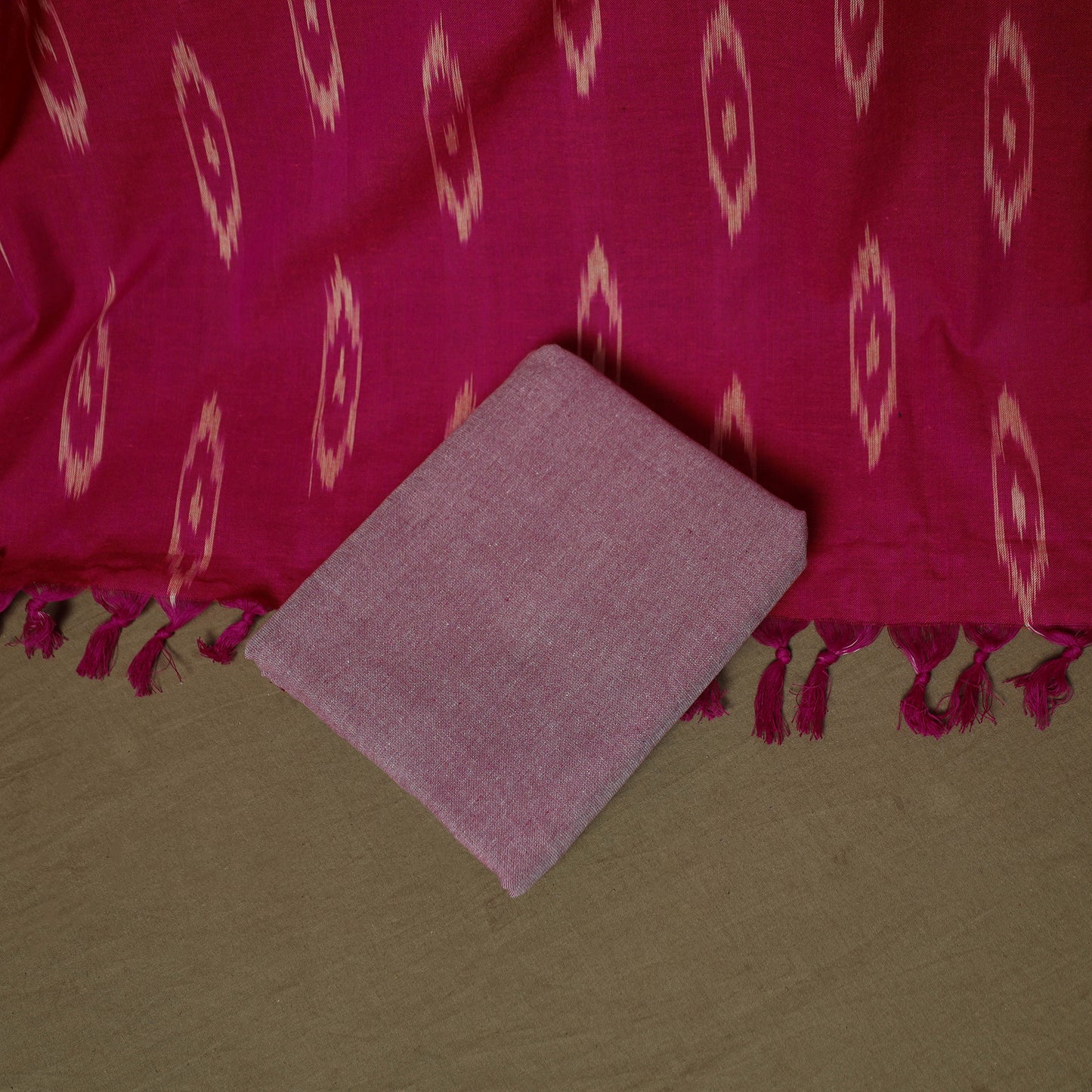 Pink - Pochampally Ikat Weave 3pc Cotton Unstitched Dress Material Suit Set 23