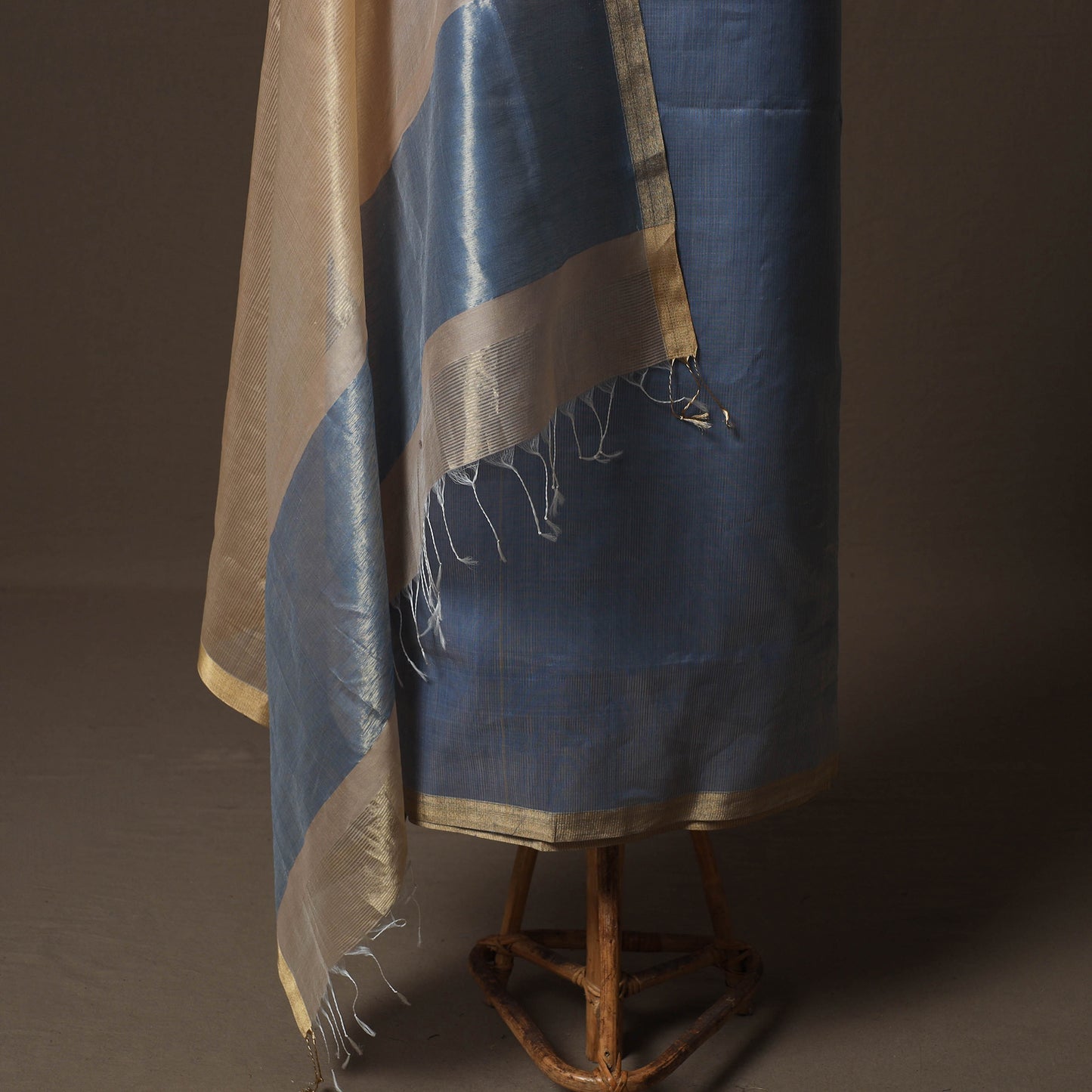 Blue - 2pc Handloom Tissue Zari Stripes Maheshwari Silk Unstitched Dress Material Kurta Set 06
