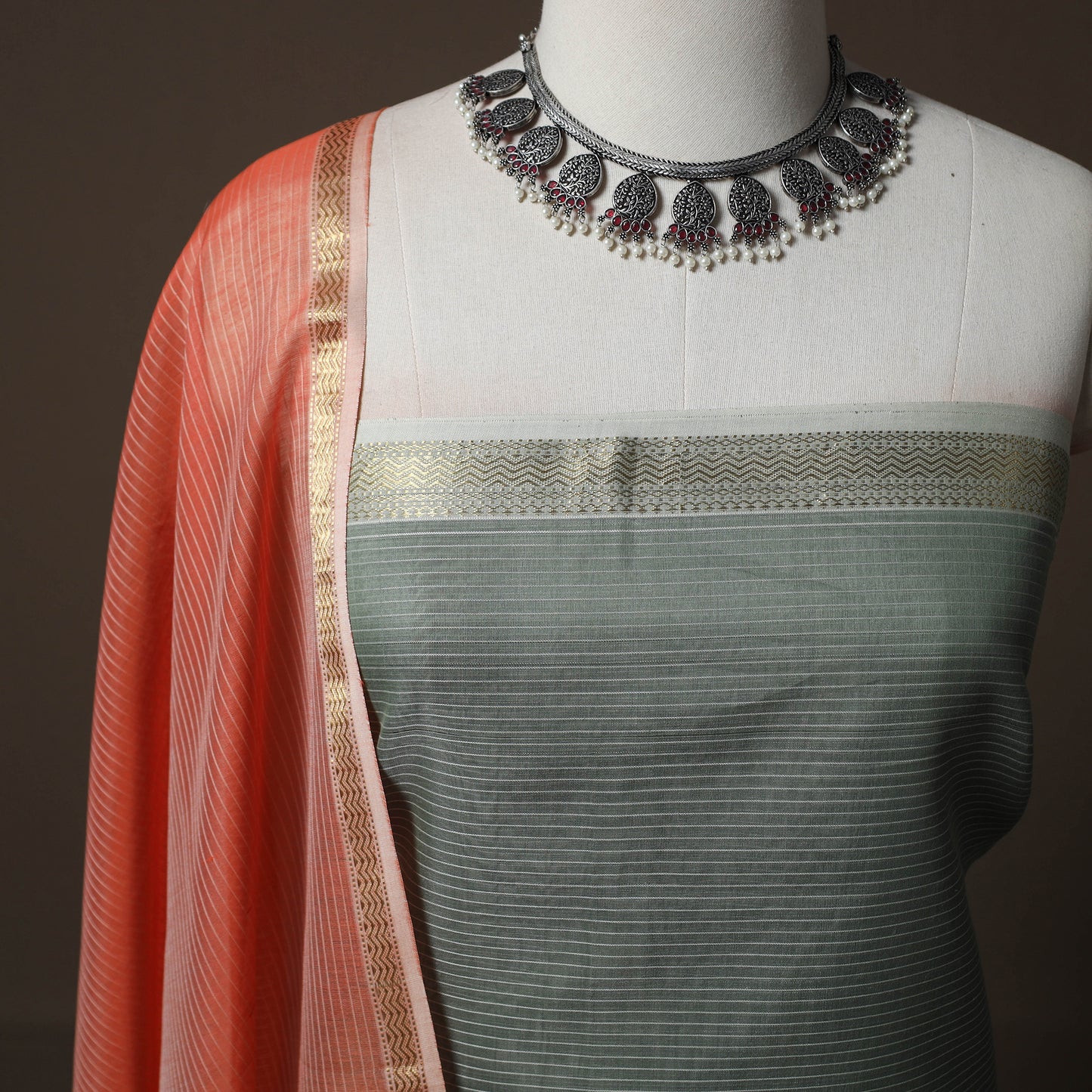 Green - 2pc Handloom Maheshwari Silk Unstitched Dress Material Kurta Set 07