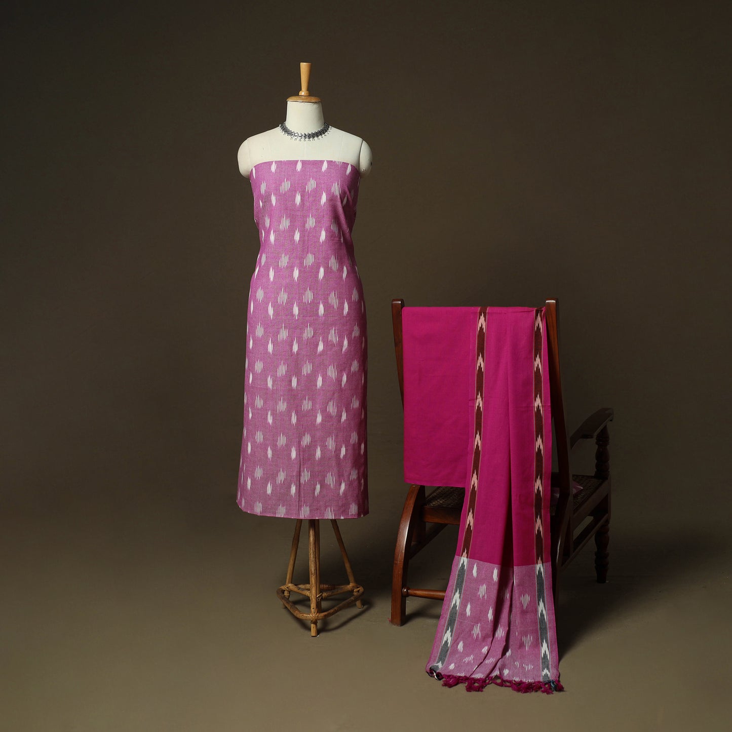 Pink - Pochampally Ikat Weave 3pc Cotton Unstitched Dress Material Suit Set 25