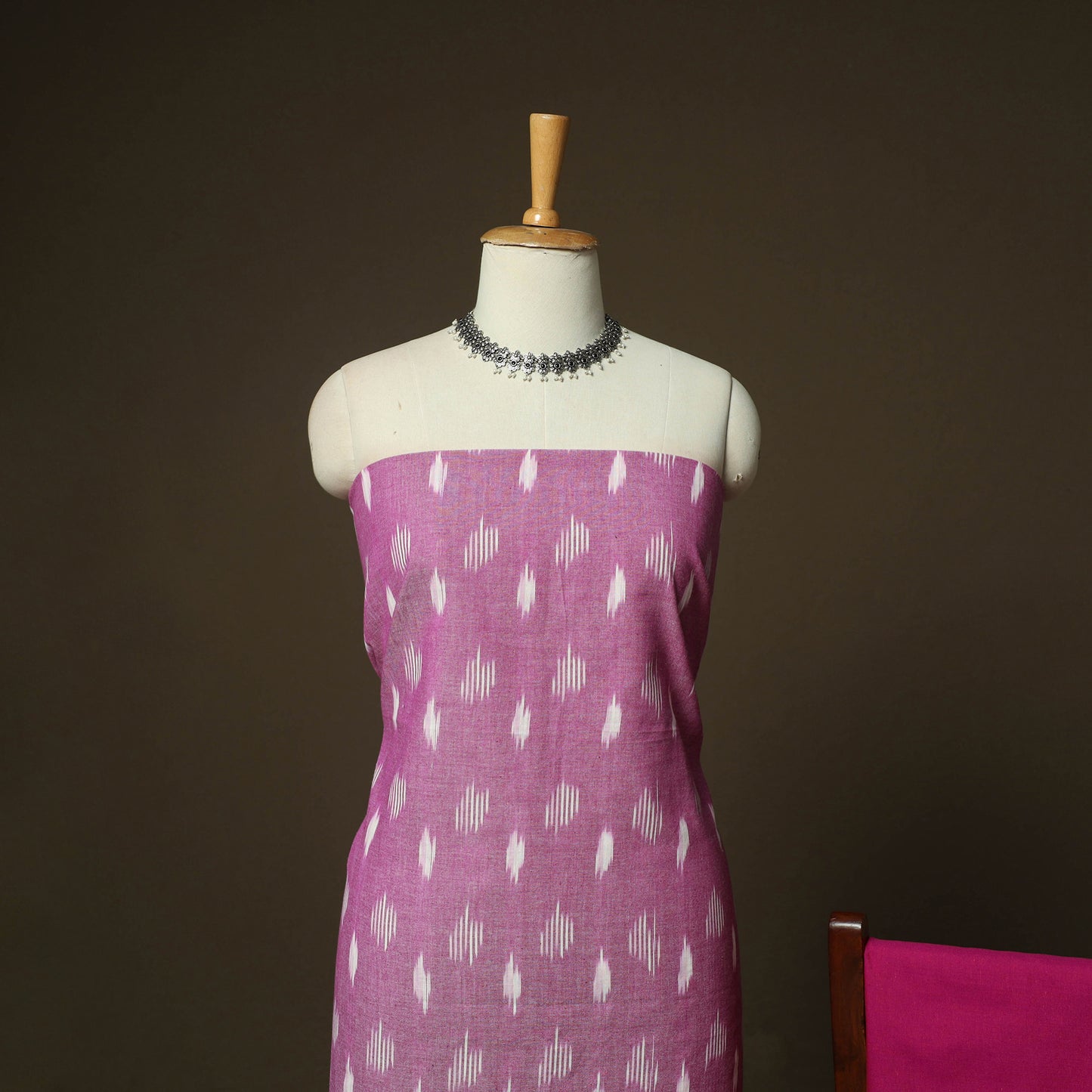 Pink - Pochampally Ikat Weave 3pc Cotton Unstitched Dress Material Suit Set 25