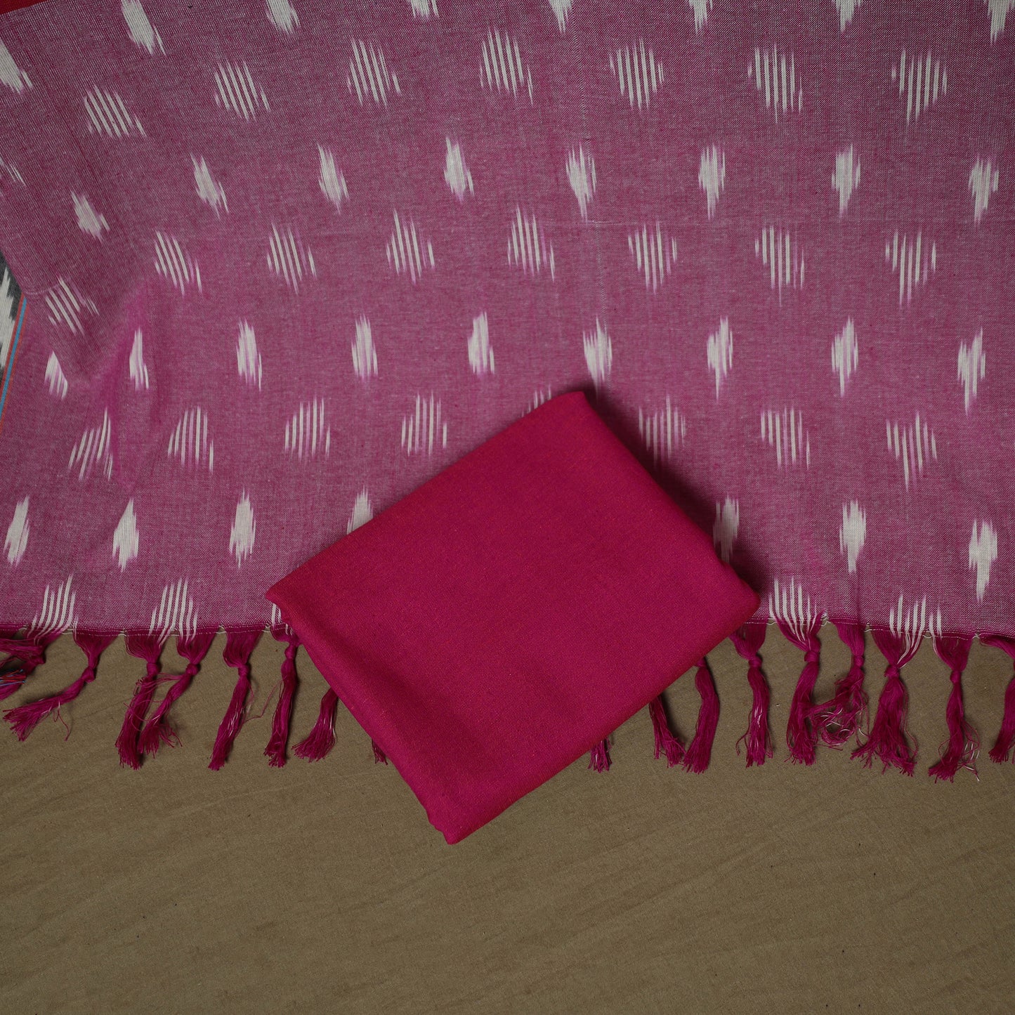 Pink - Pochampally Ikat Weave 3pc Cotton Unstitched Dress Material Suit Set 25