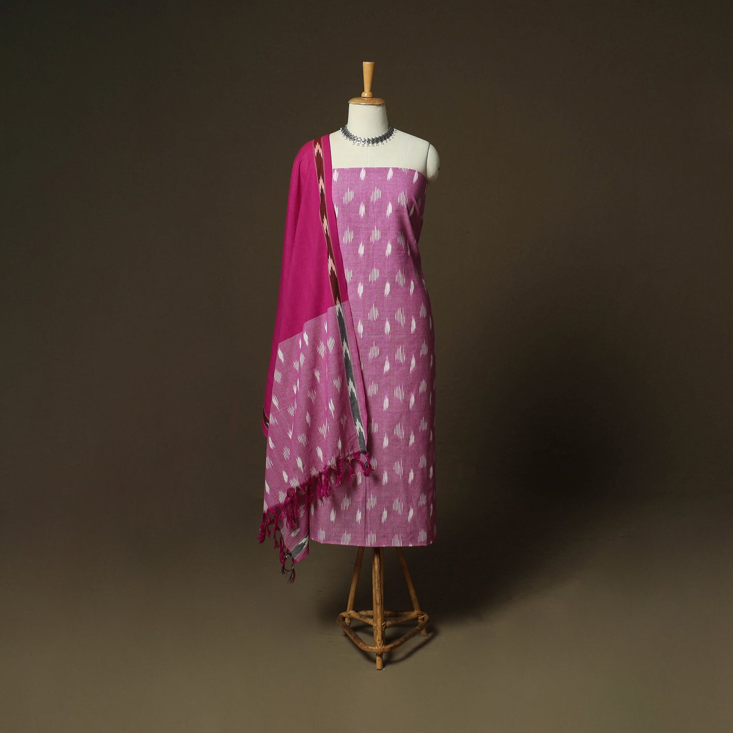 Pink - Pochampally Ikat Weave 3pc Cotton Unstitched Dress Material Suit Set 25