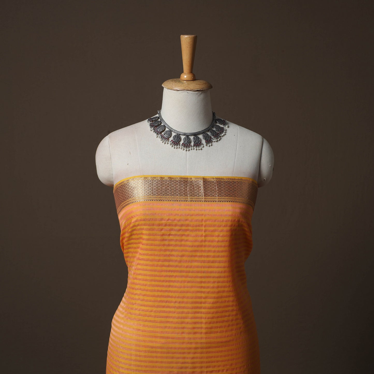 Orange - 2pc Handloom Maheshwari Silk Unstitched Dress Material Kurta Set with Zari Border 09